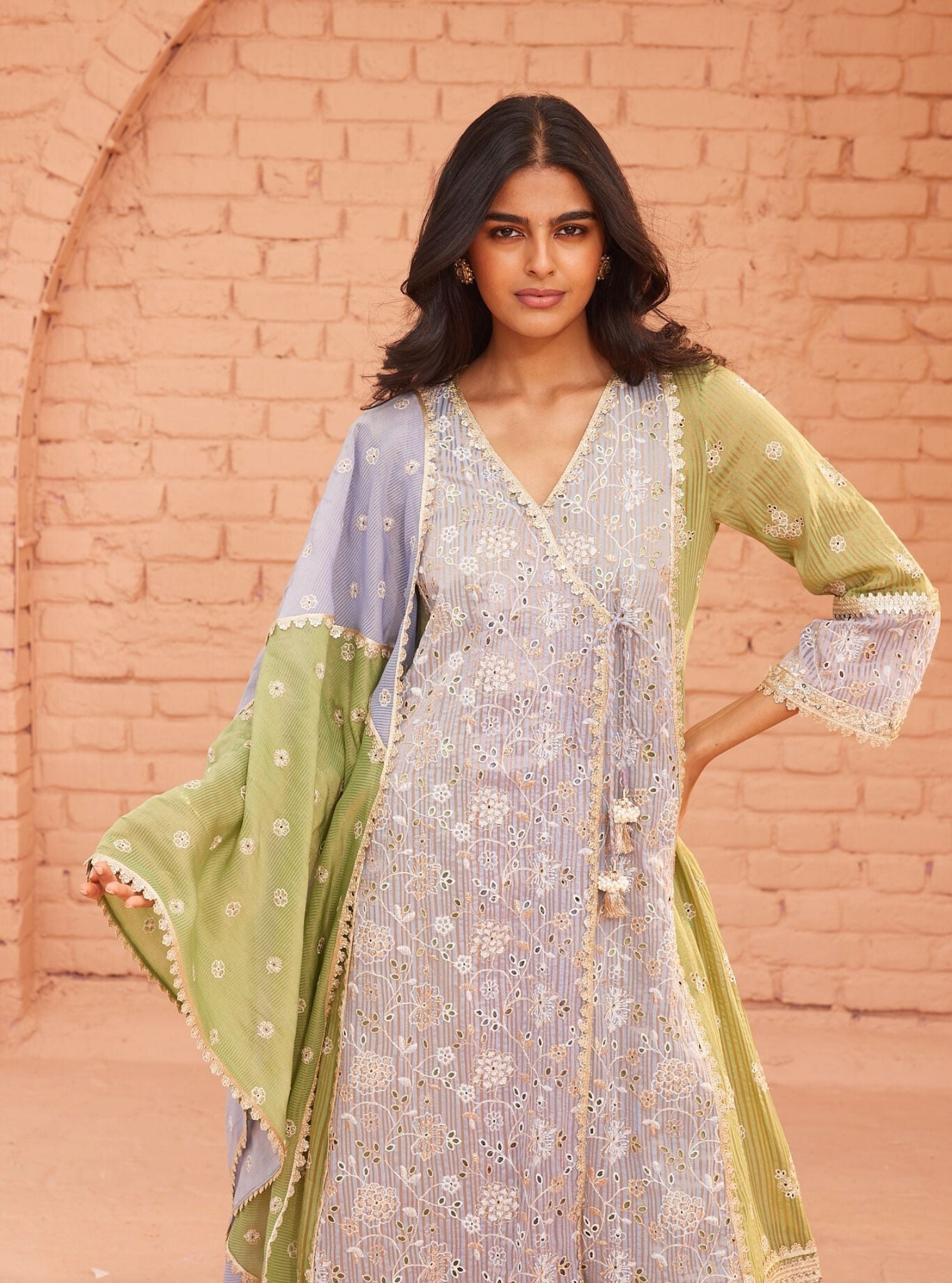 Mulmul Banarsi Vanessa Blue Anarkali Kurta With Mulmul Cotton Vanessa Blue Pant