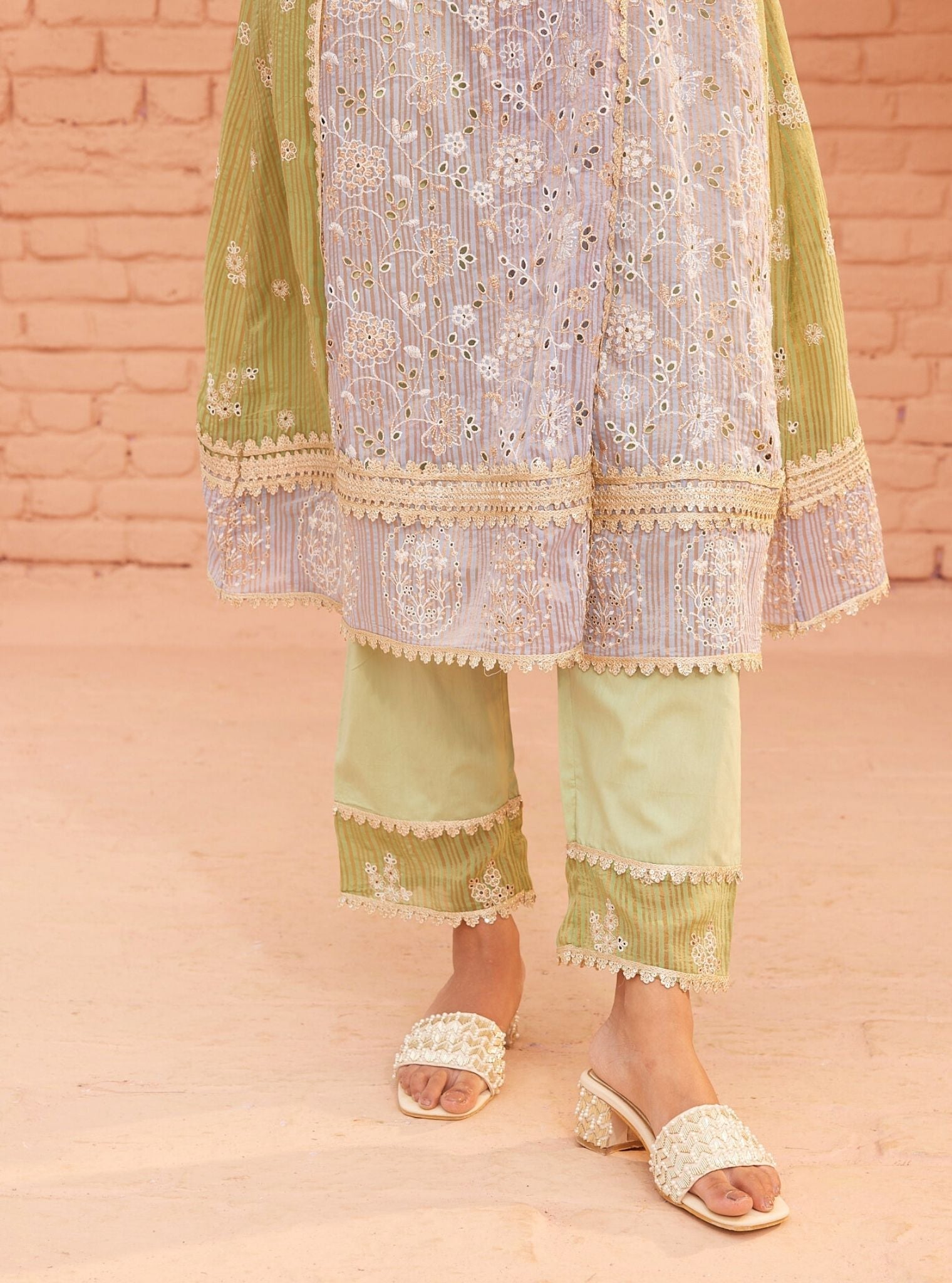 Mulmul Banarsi Vanessa Blue Anarkali Kurta With Mulmul Cotton Vanessa Blue Pant