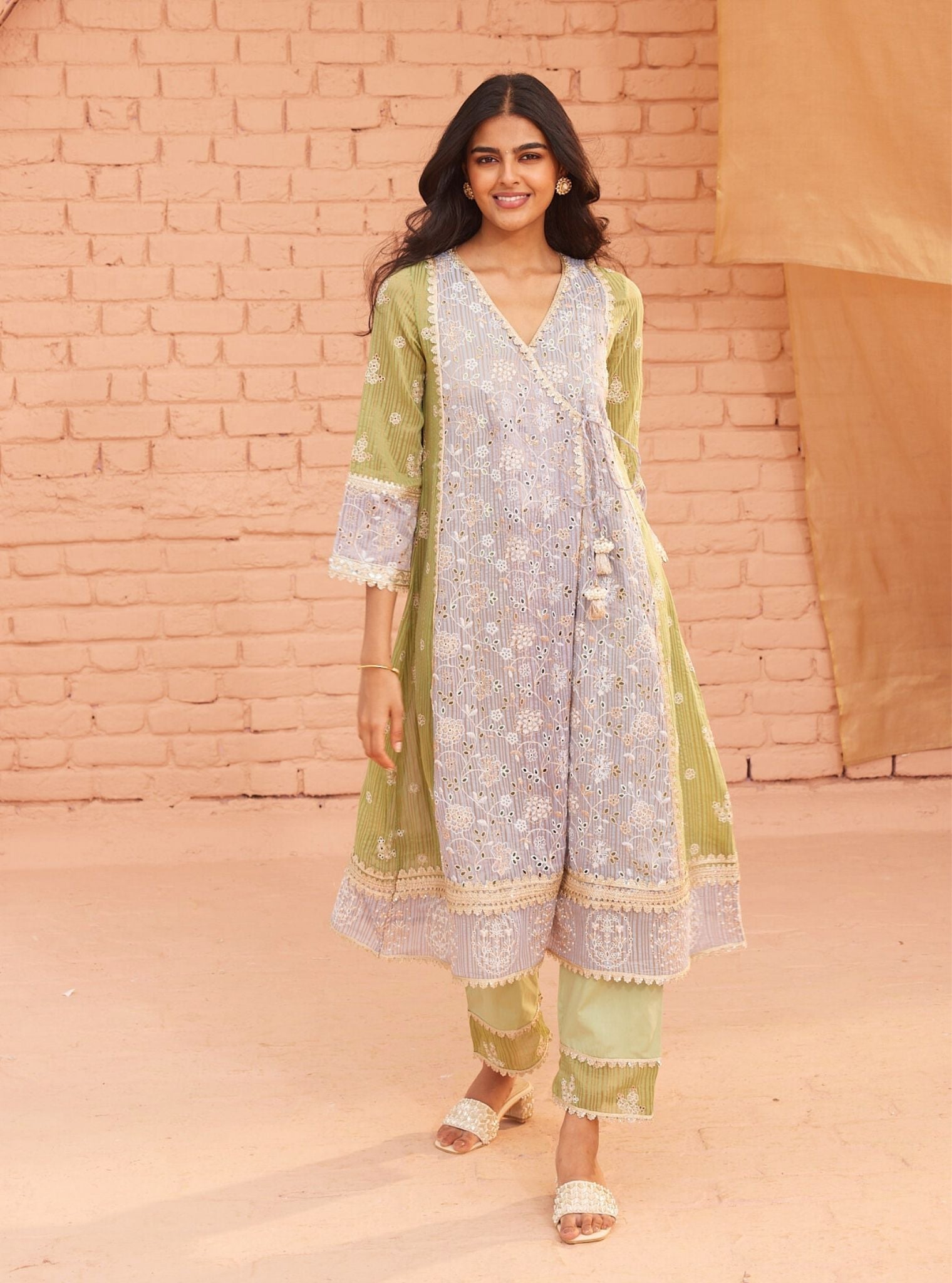 Mulmul Banarsi Vanessa Blue Anarkali Kurta With Mulmul Cotton Vanessa Blue Pant