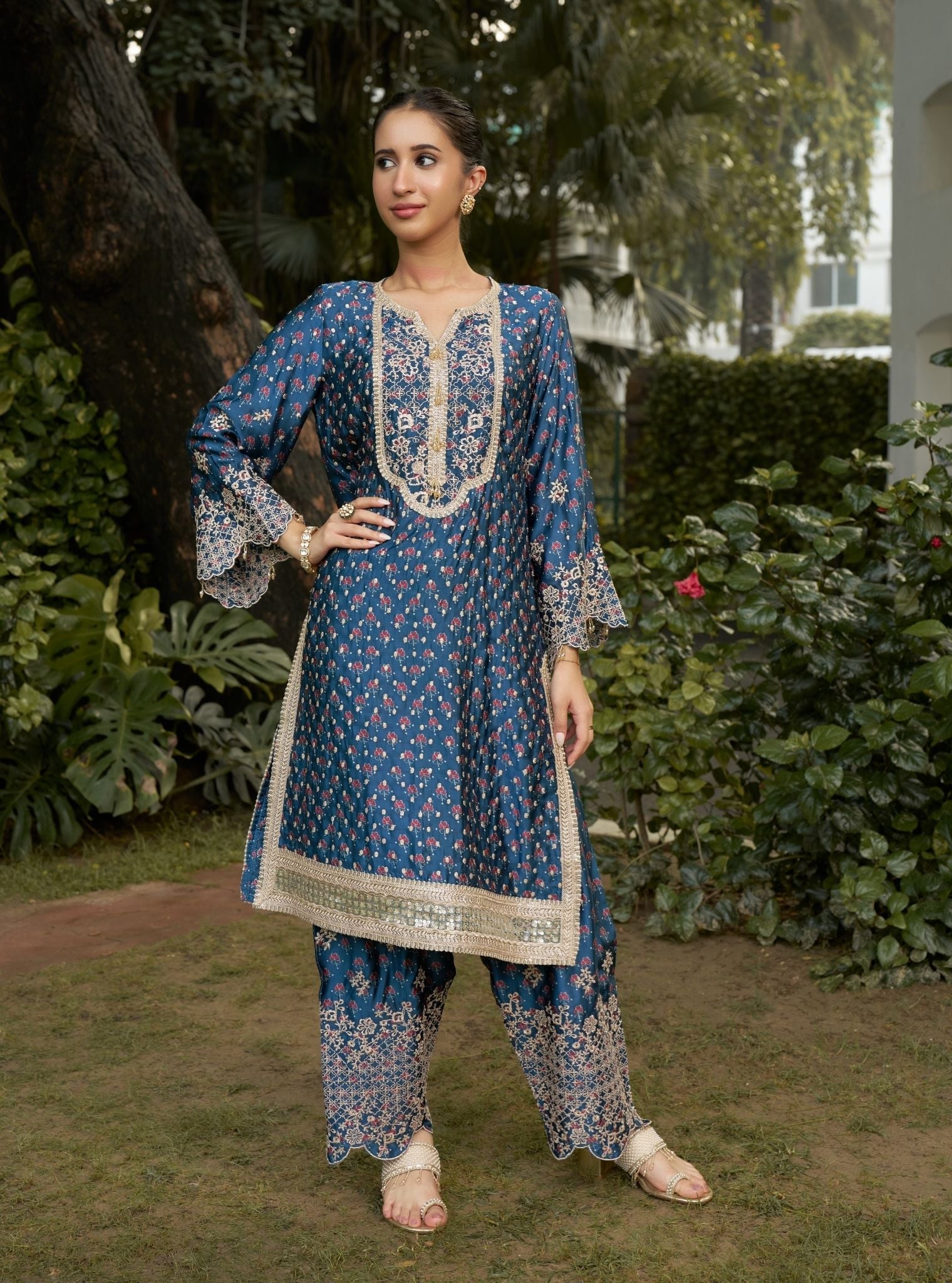 Kissa Cupro Satin Navy Ajrakh Print Kurta Set