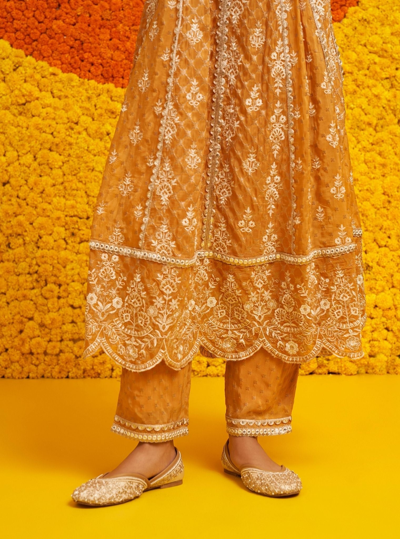 Mulmul Banarsi Chalka Mustard Anarkali Kurta With Mulmul Banarsi Chalka Mustard Pant