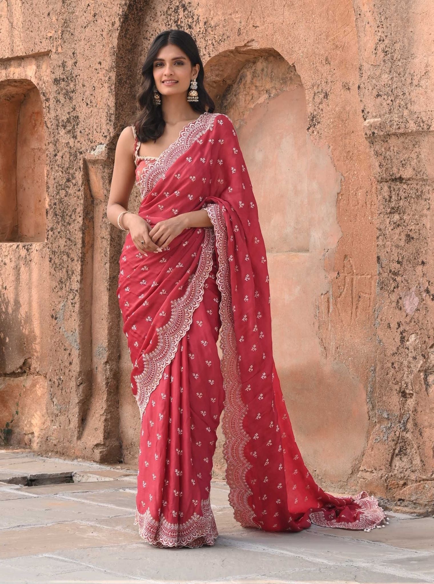 Bindiya Organza Satin Red Saree