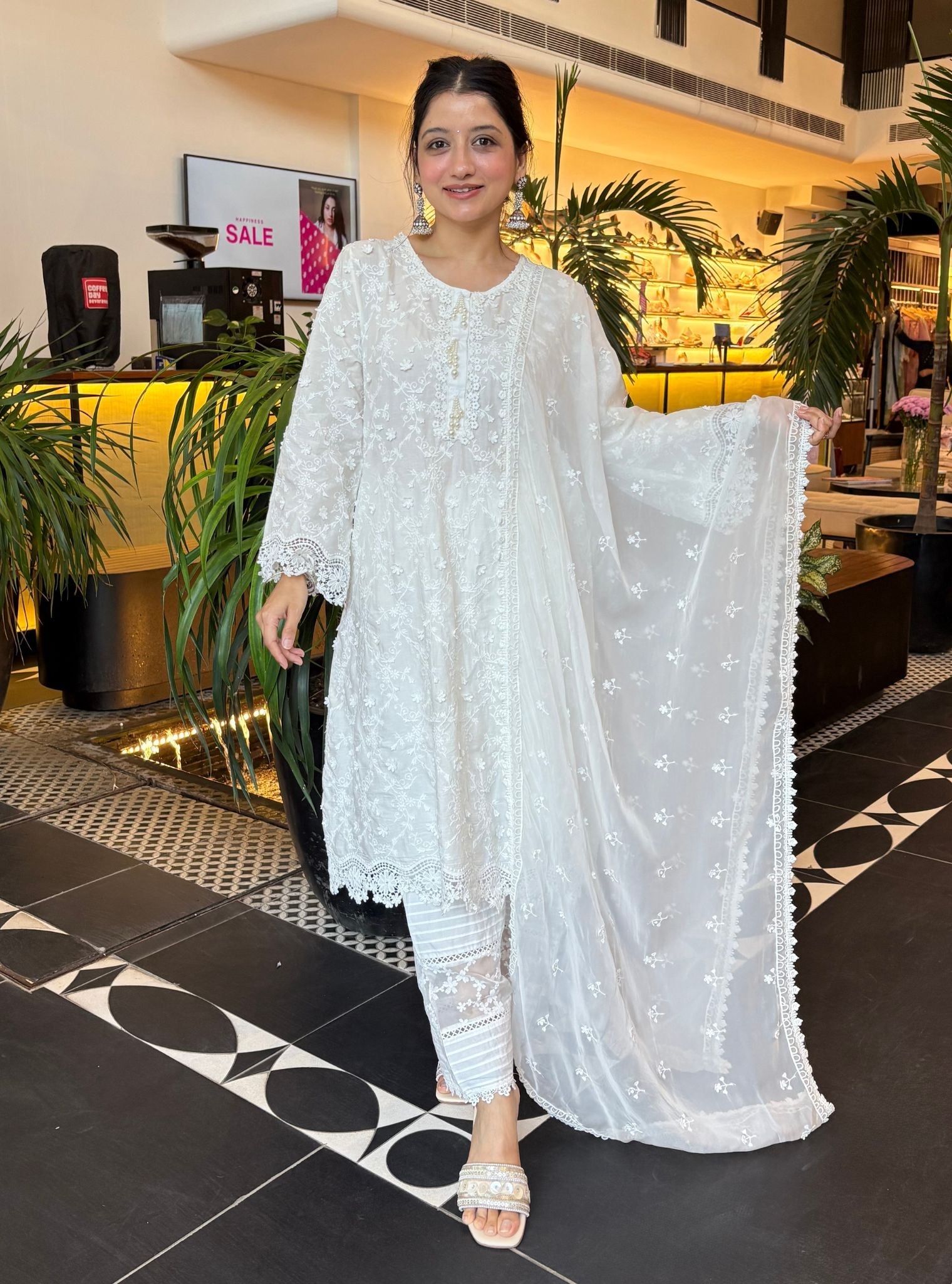 BayBreeze Supima Cotton White Kurta with Floral Organza Panelled White Salwar Set