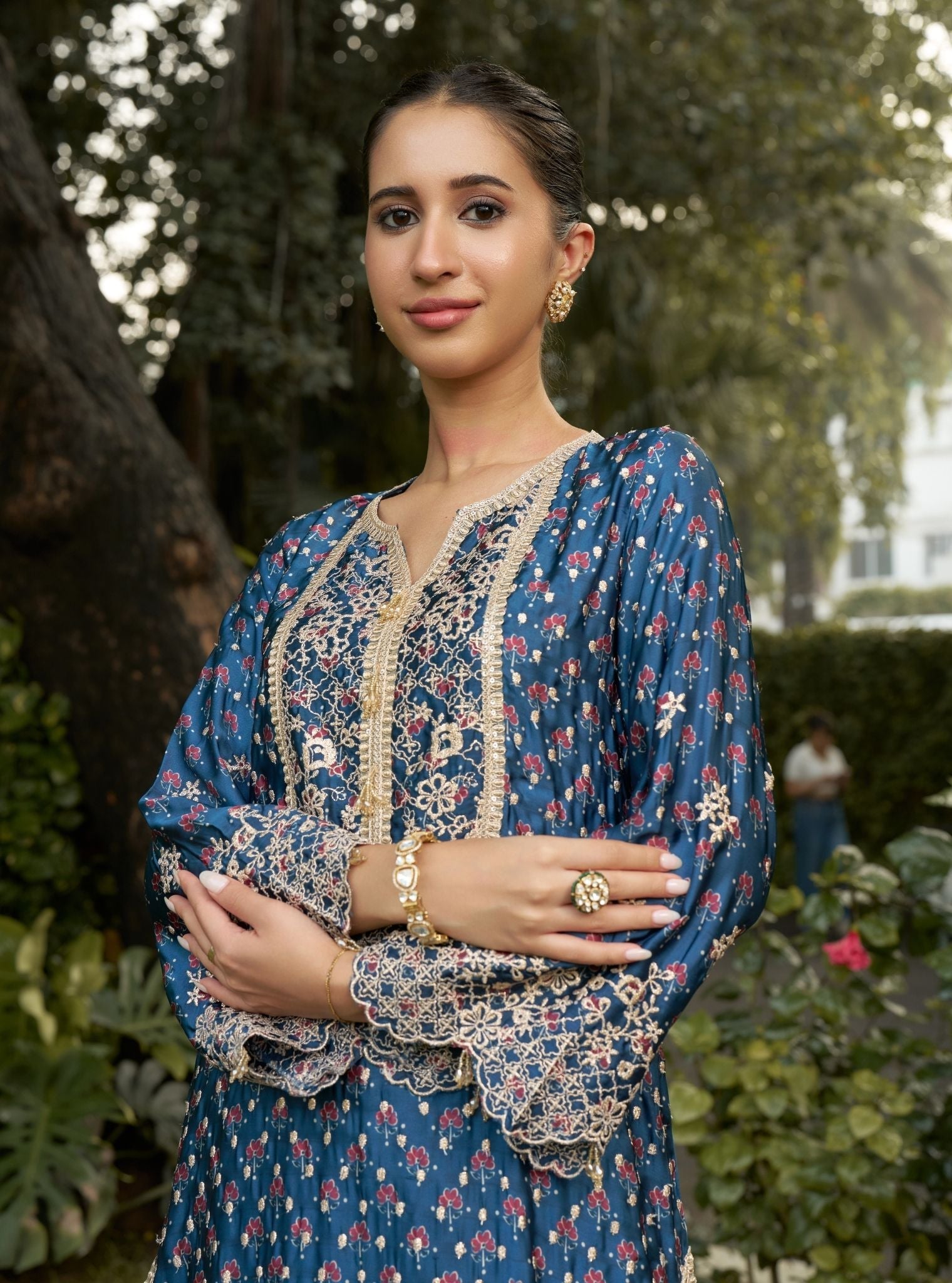 Kissa Cupro Satin Navy Ajrakh Print Kurta Set
