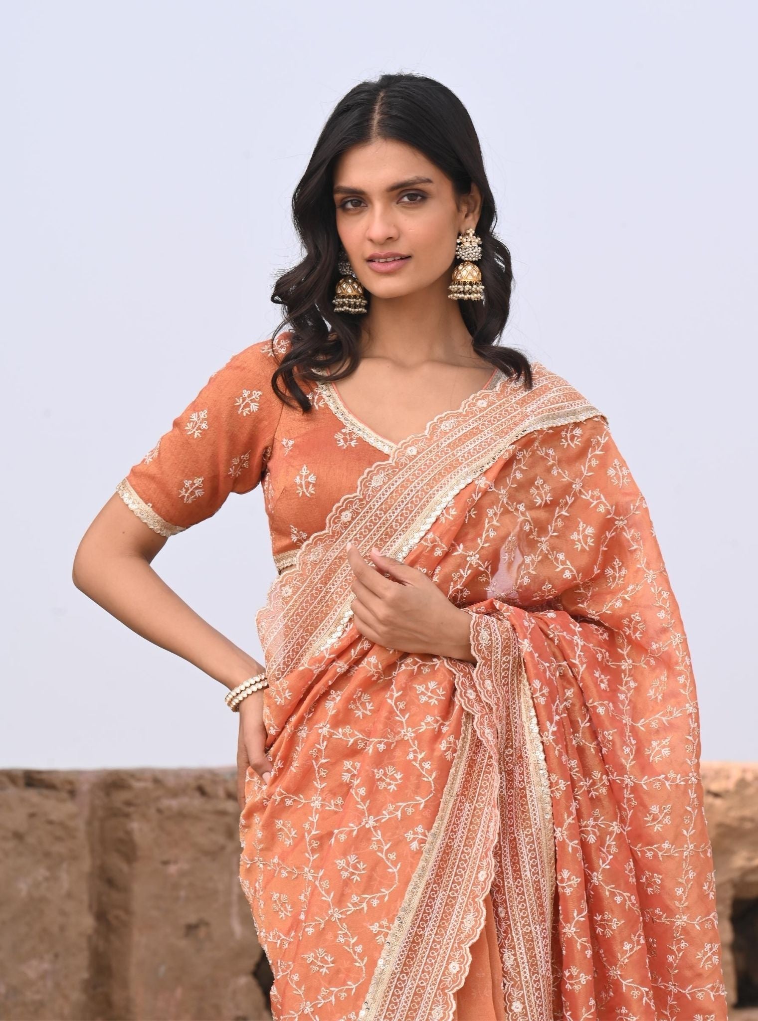 Mehram Luxe Tissue Burnt Orange Saree