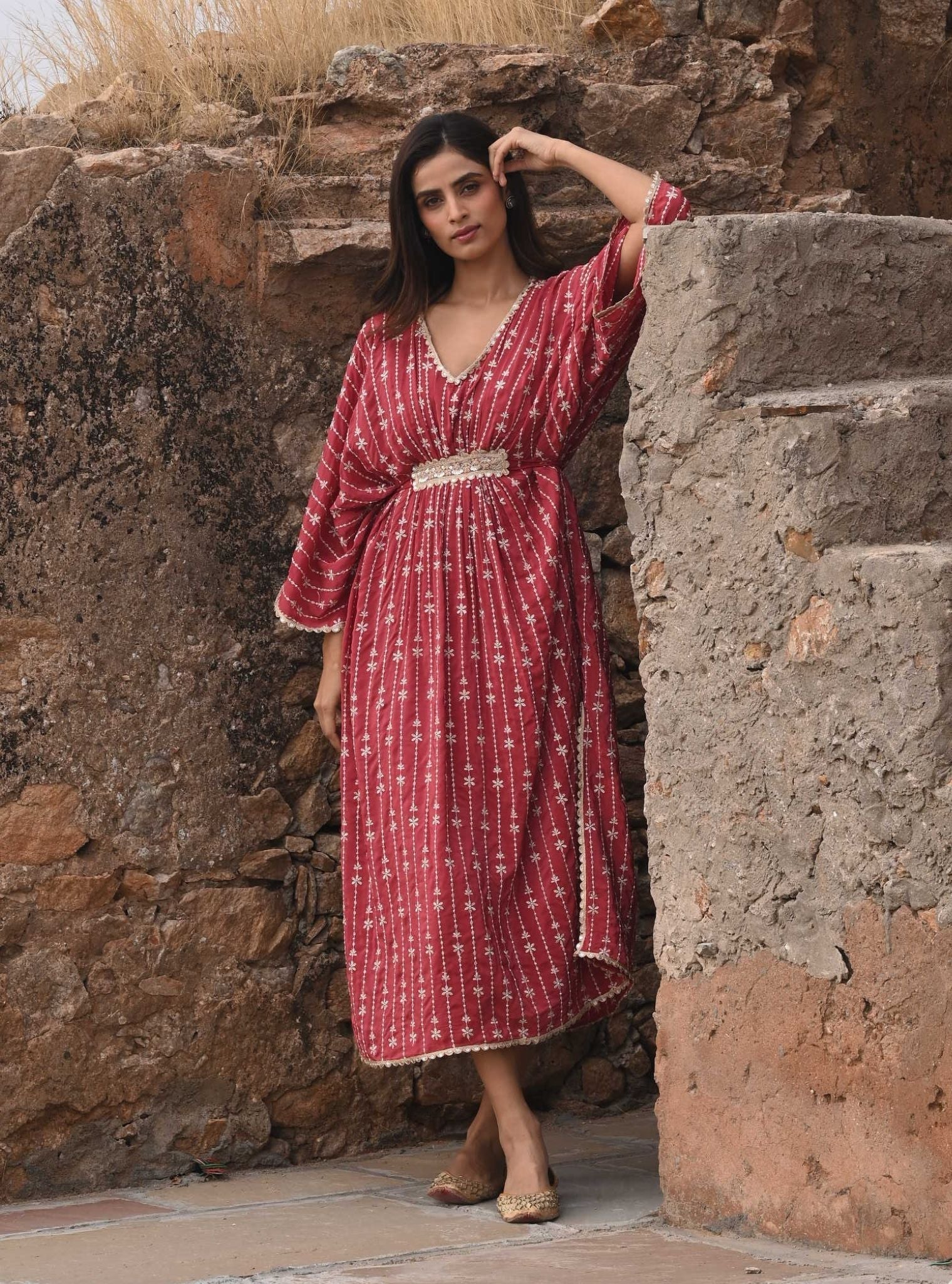 Gul Crepe Red Kaftan