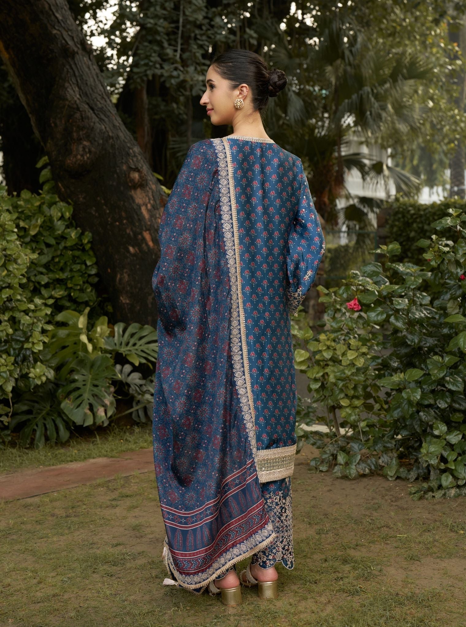 Kissa Cupro Satin Navy Ajrakh Print Kurta Set