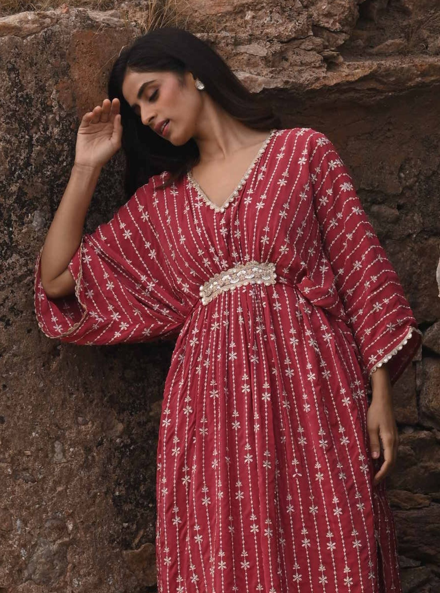 Gul Crepe Red Kaftan