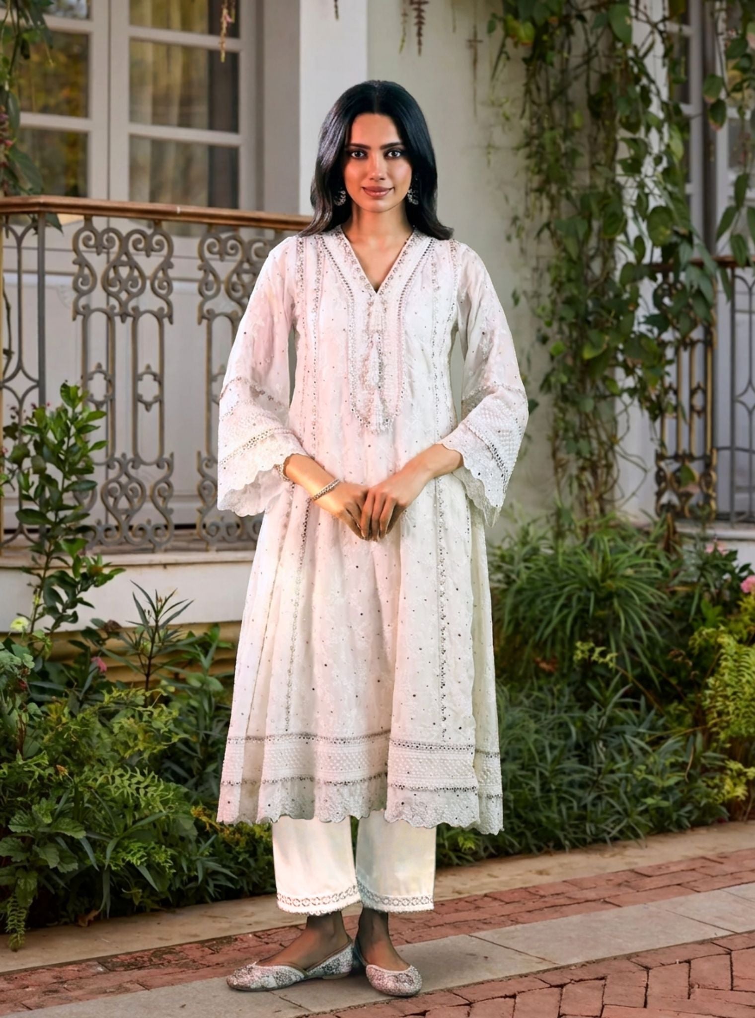 Rupa Organza Off White Anarkali Kurta with Pima Satin Off White Pant Set