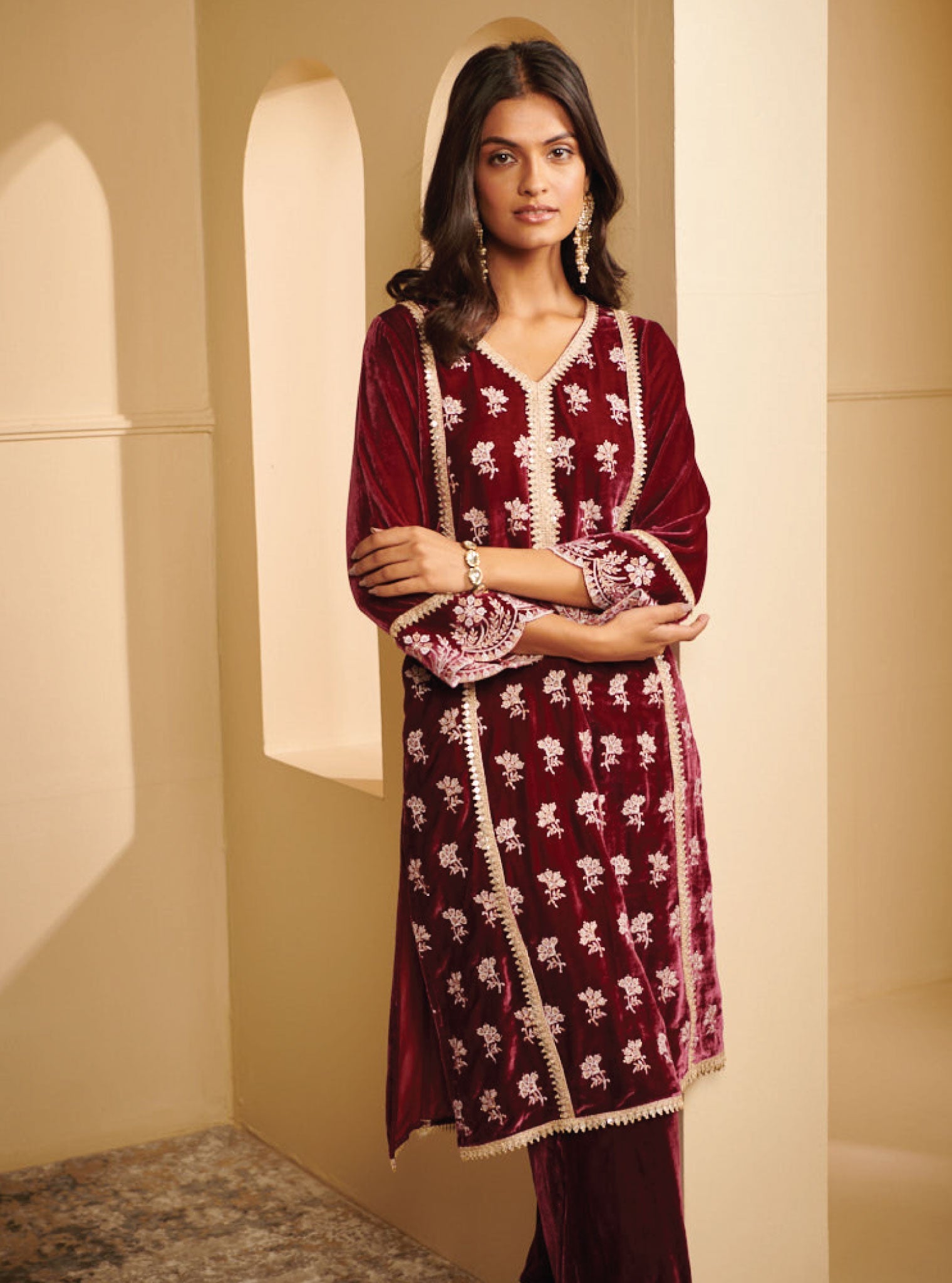 Naia Velvet Wine Kurta Set