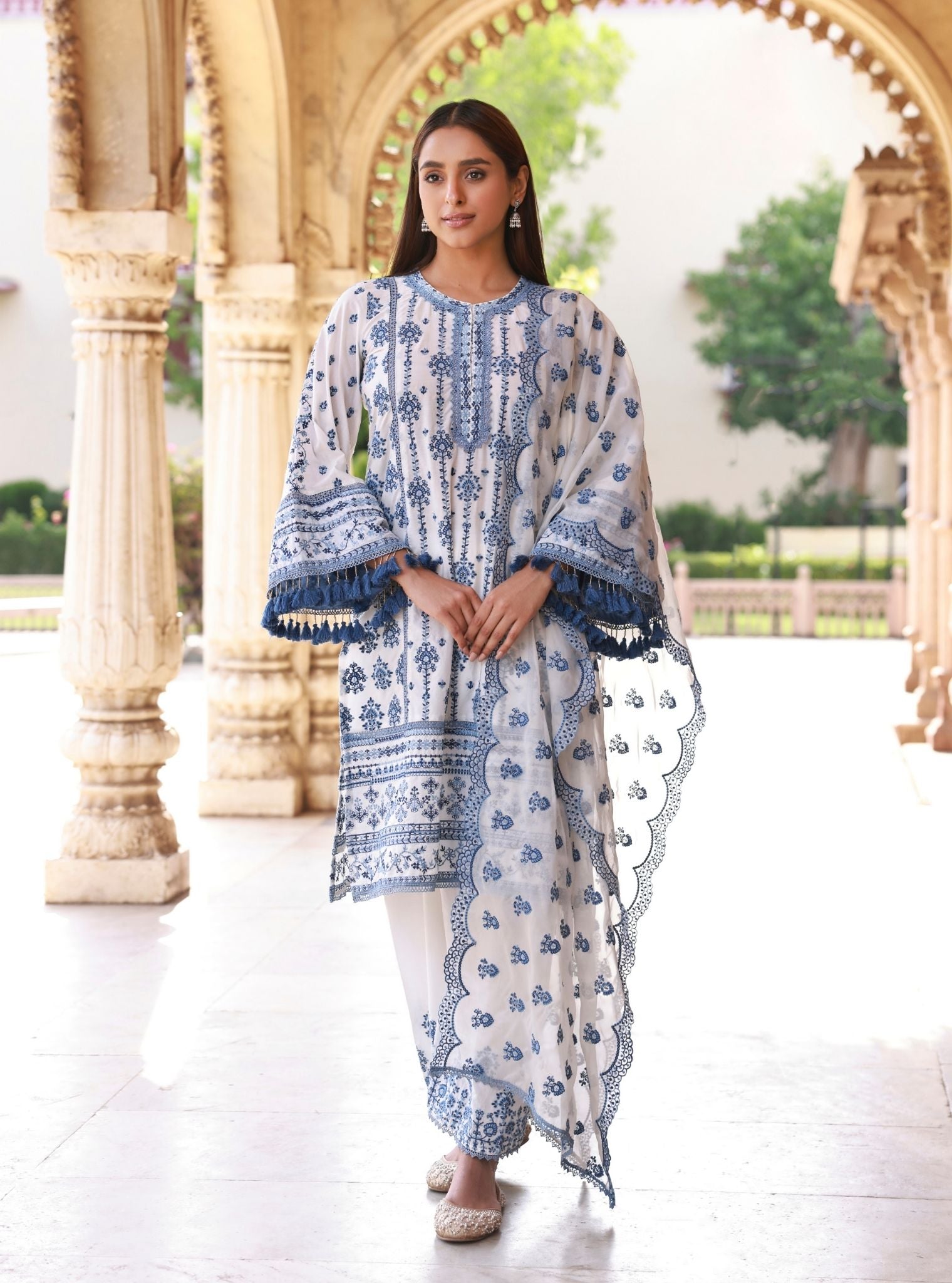 Mulmul Supima Cotton Lomeya White Dark blue Light Blue Dupatta