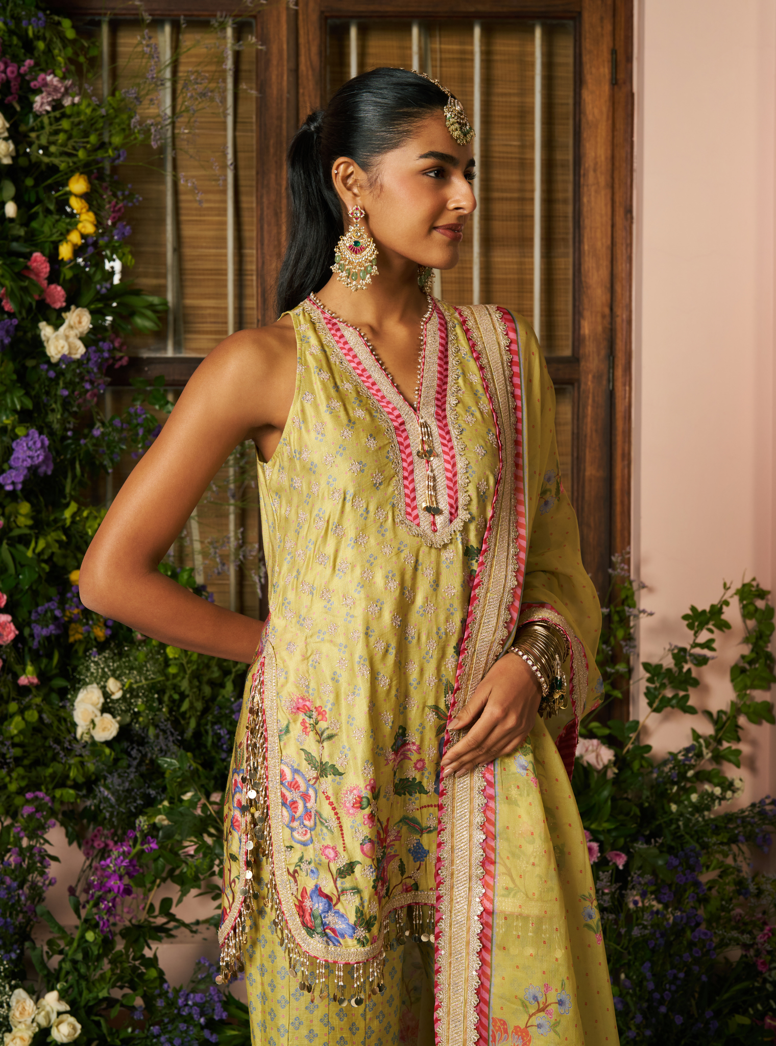 Chakori Linen Satin Lime Printed Kurta Set