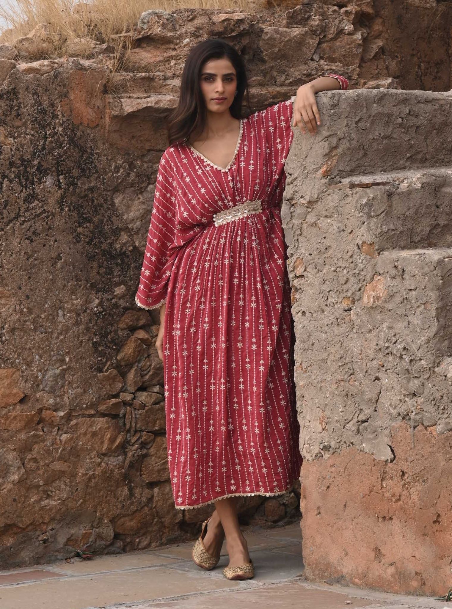 Gul Crepe Red Kaftan