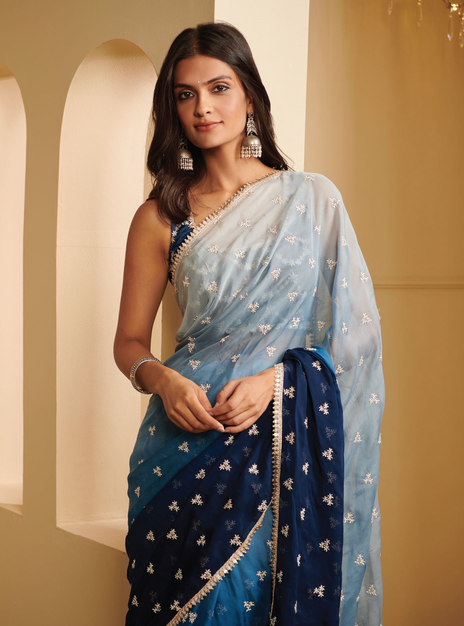 Ombre Dhiti Organza Navy Saree