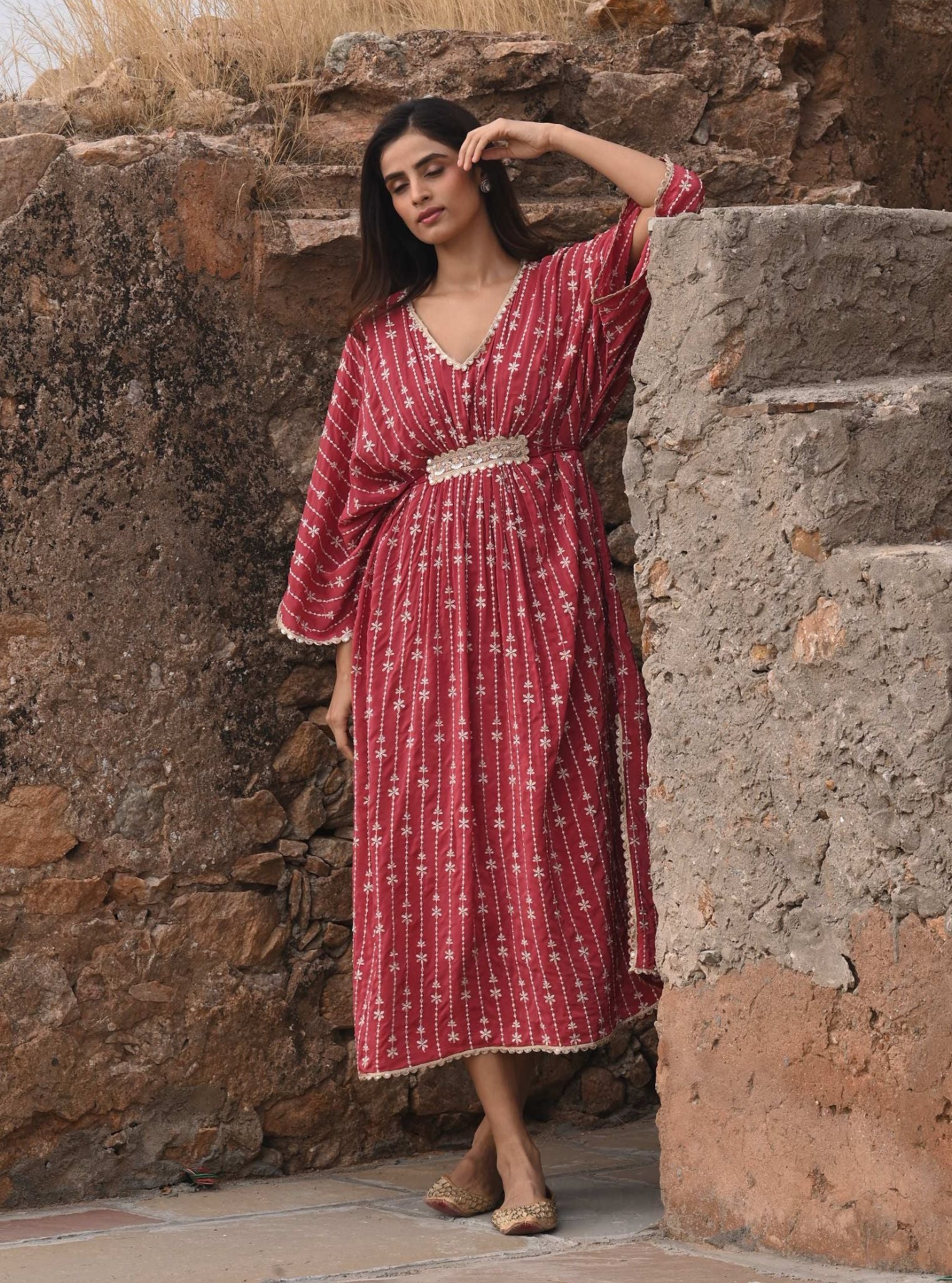 Gul Crepe Red Kaftan