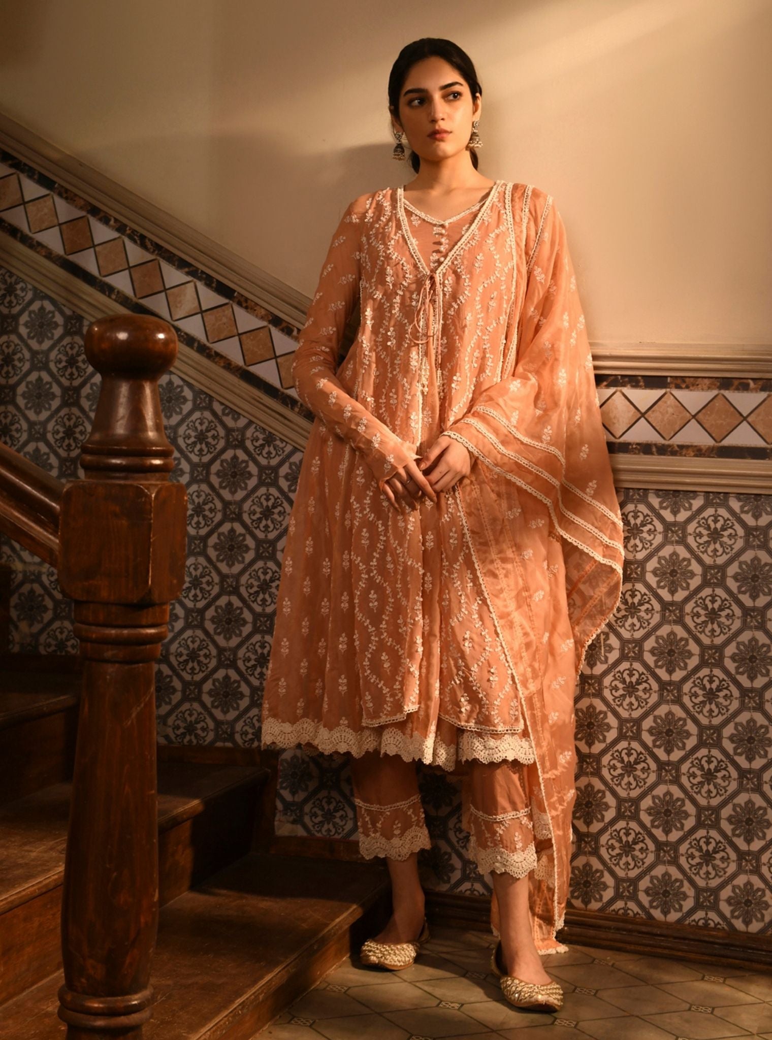 Mulmul Organza Kira Peach Anarkali Kurta With Mulmul Cotton Kira Peach Pant