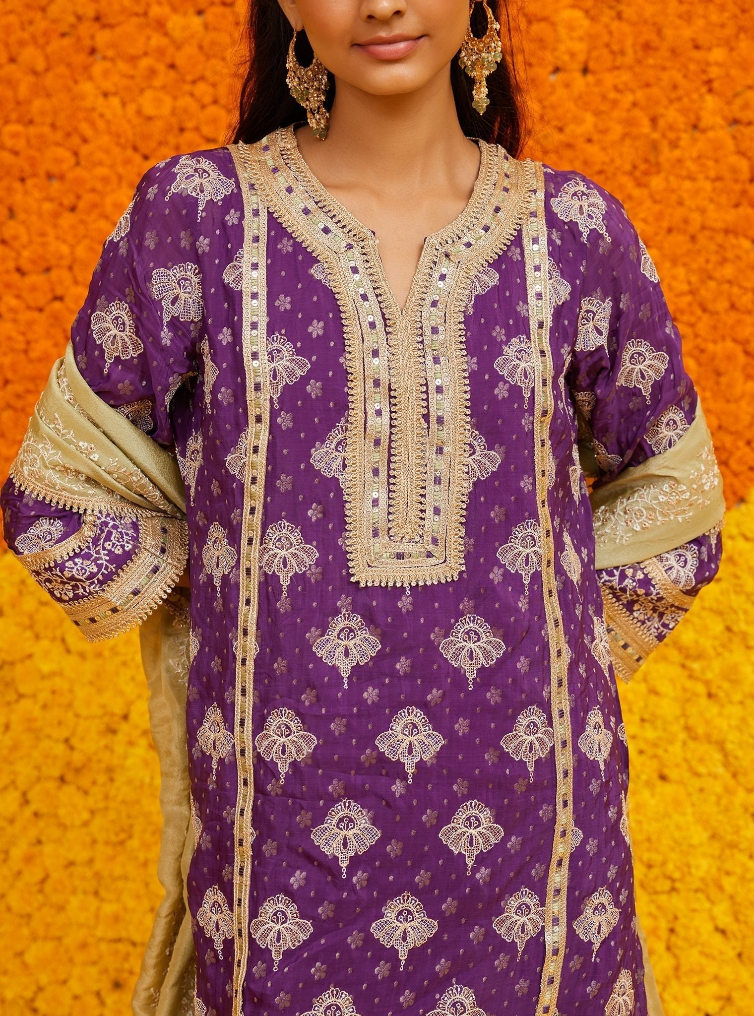 Mulmul Banarsi Faye Purple Kurta With Mulmul Cupro Satin Faye Purple Pant