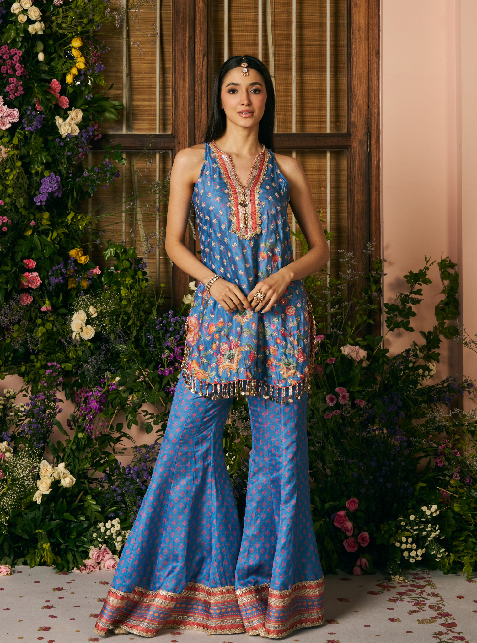 Chakori Linen Satin Steel Blue Printed Kurta Set