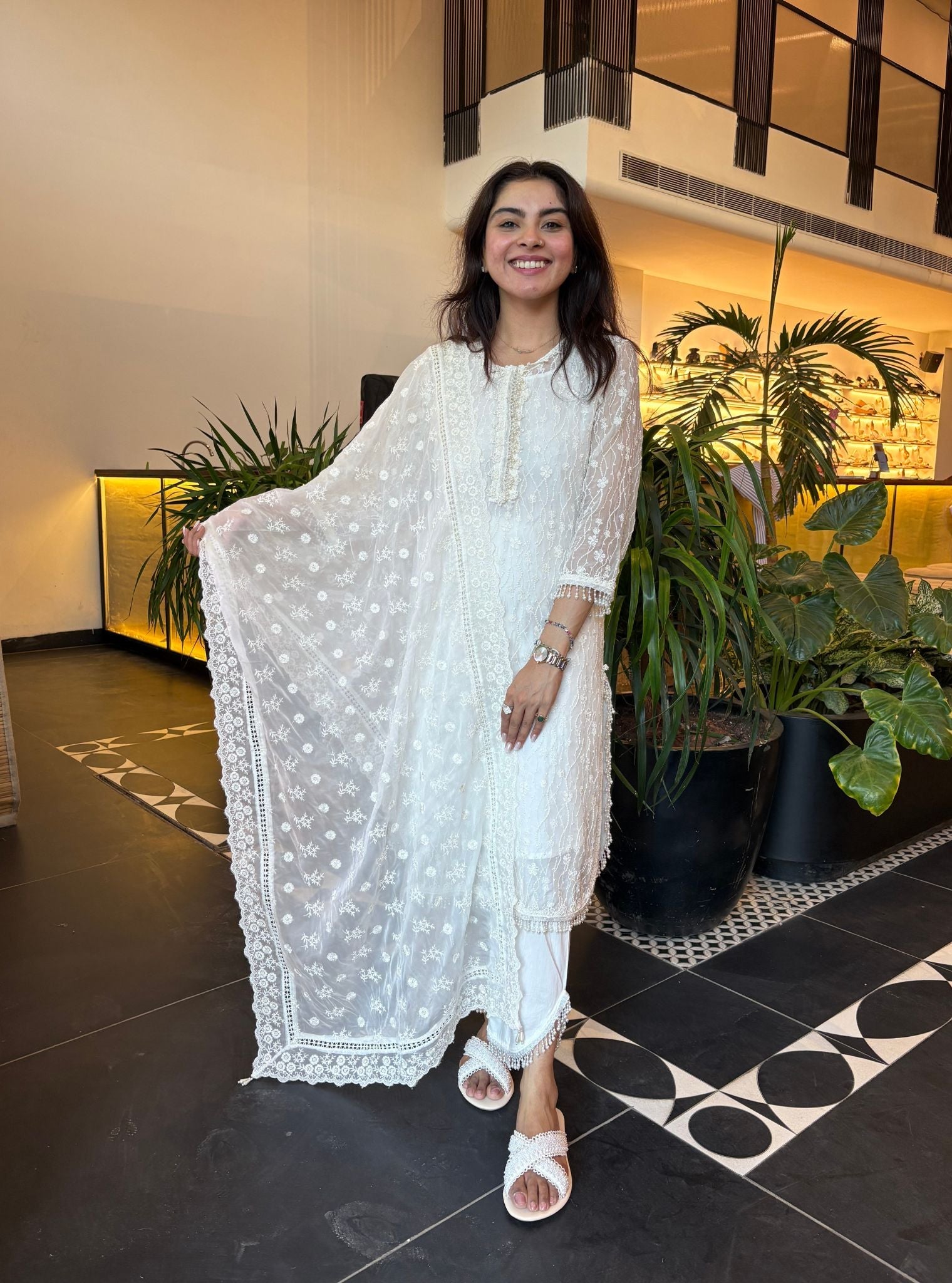 Freya Tencel Luxe Organza White Kurta with Supima Cotton Round Hem White Pant Set