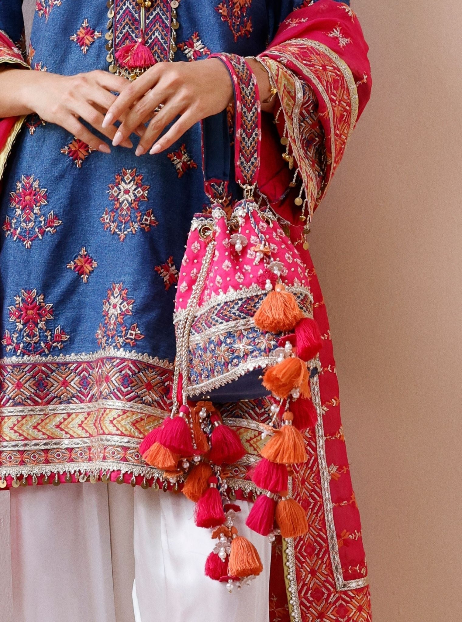 Hibiscus Fushia Denim Potli Bag