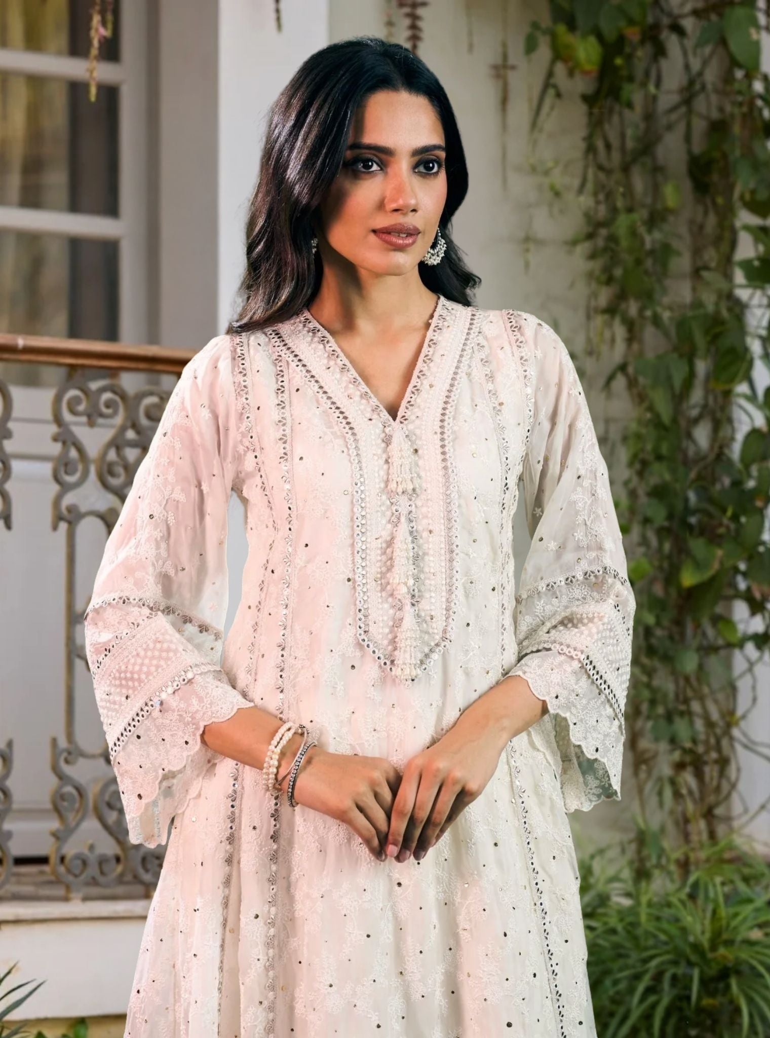 Rupa Organza Off White Anarkali Kurta with Pima Satin Off White Pant Set