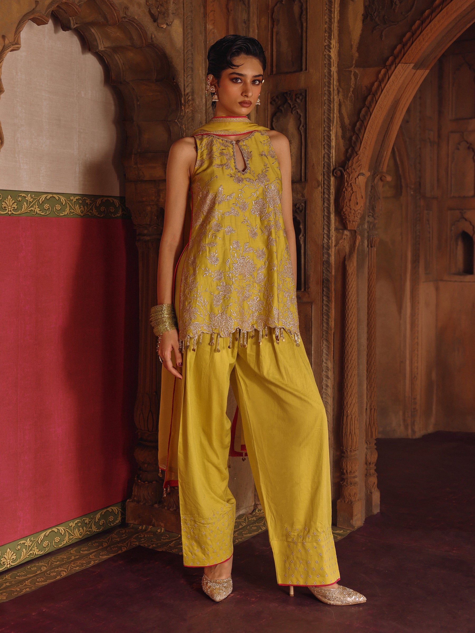Mala Pima Satin Lime Kurta with Farshi Pants