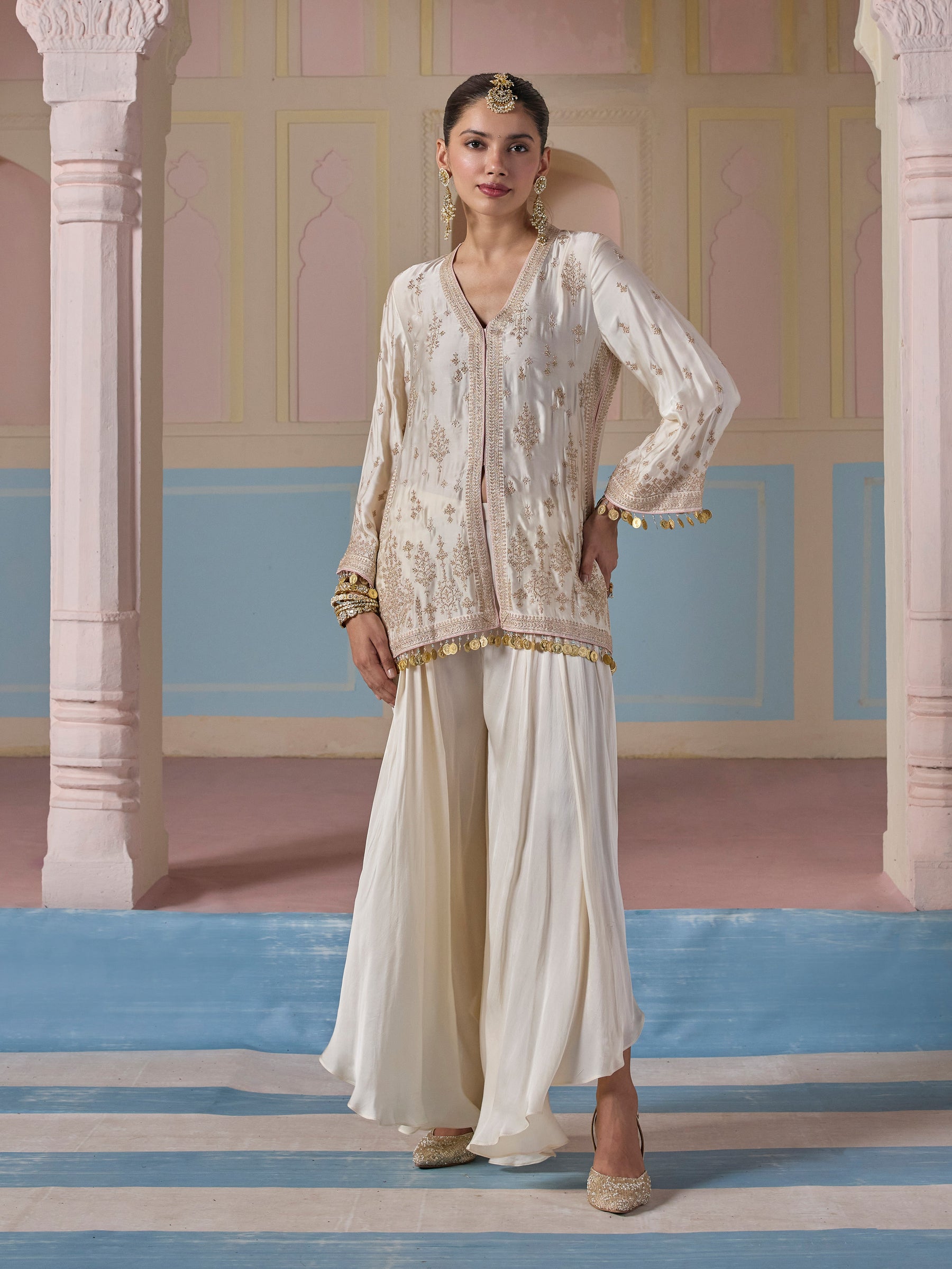 Laado Cupro Satin Off White Kurta with Draped Pants