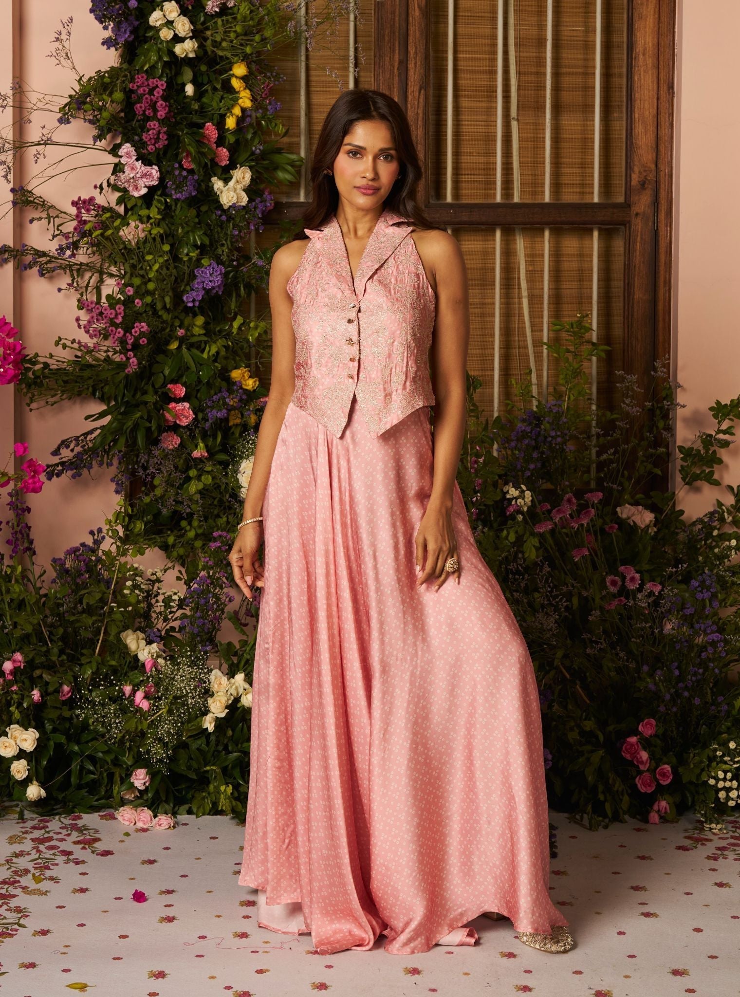 Kuhu Cupro Satin Printed Pink Waistcoat with Wide Pleated Skirt