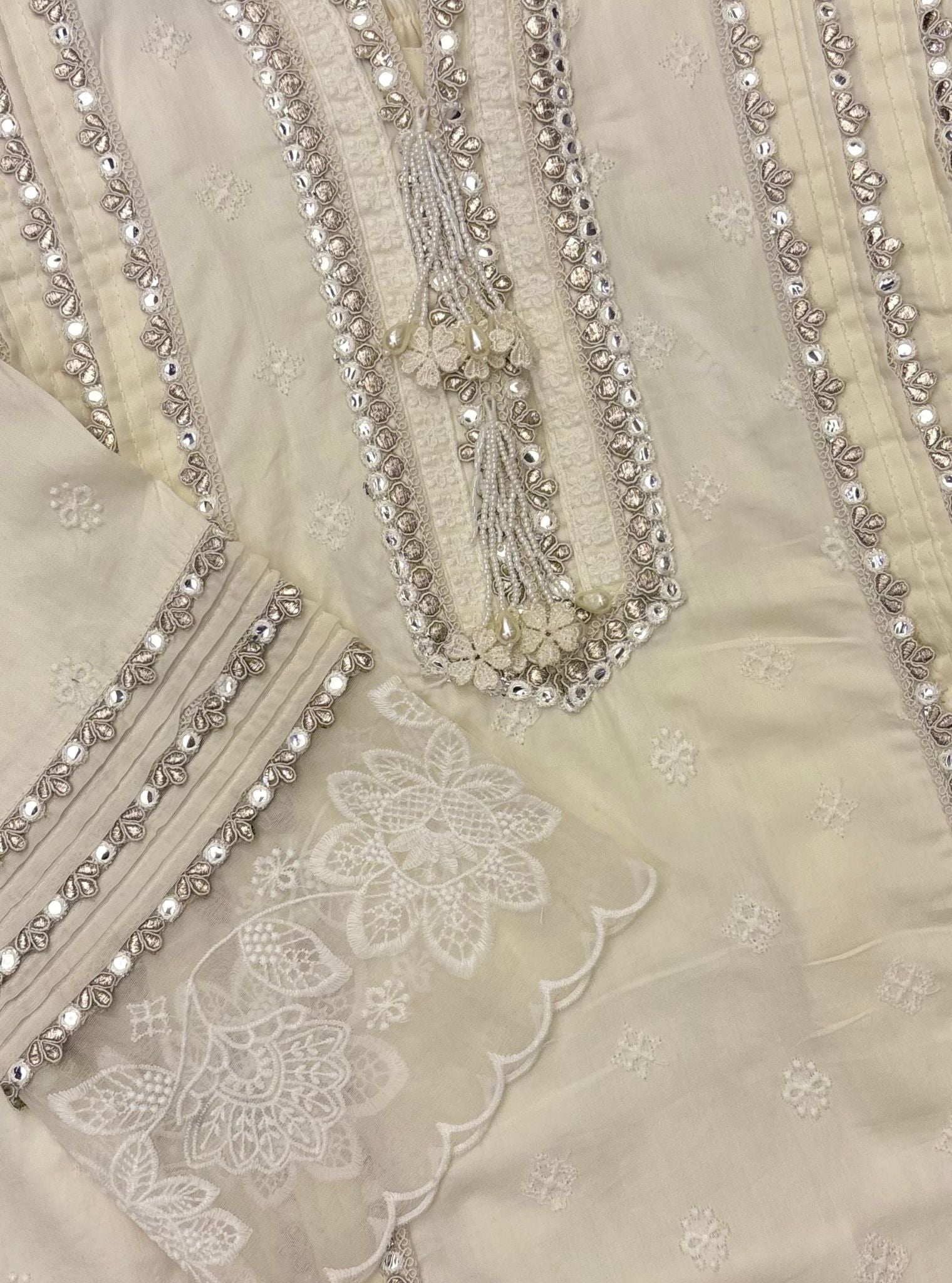 Rupa Organza Off White Anarkali Kurta with Pima Satin Off White Pant Set