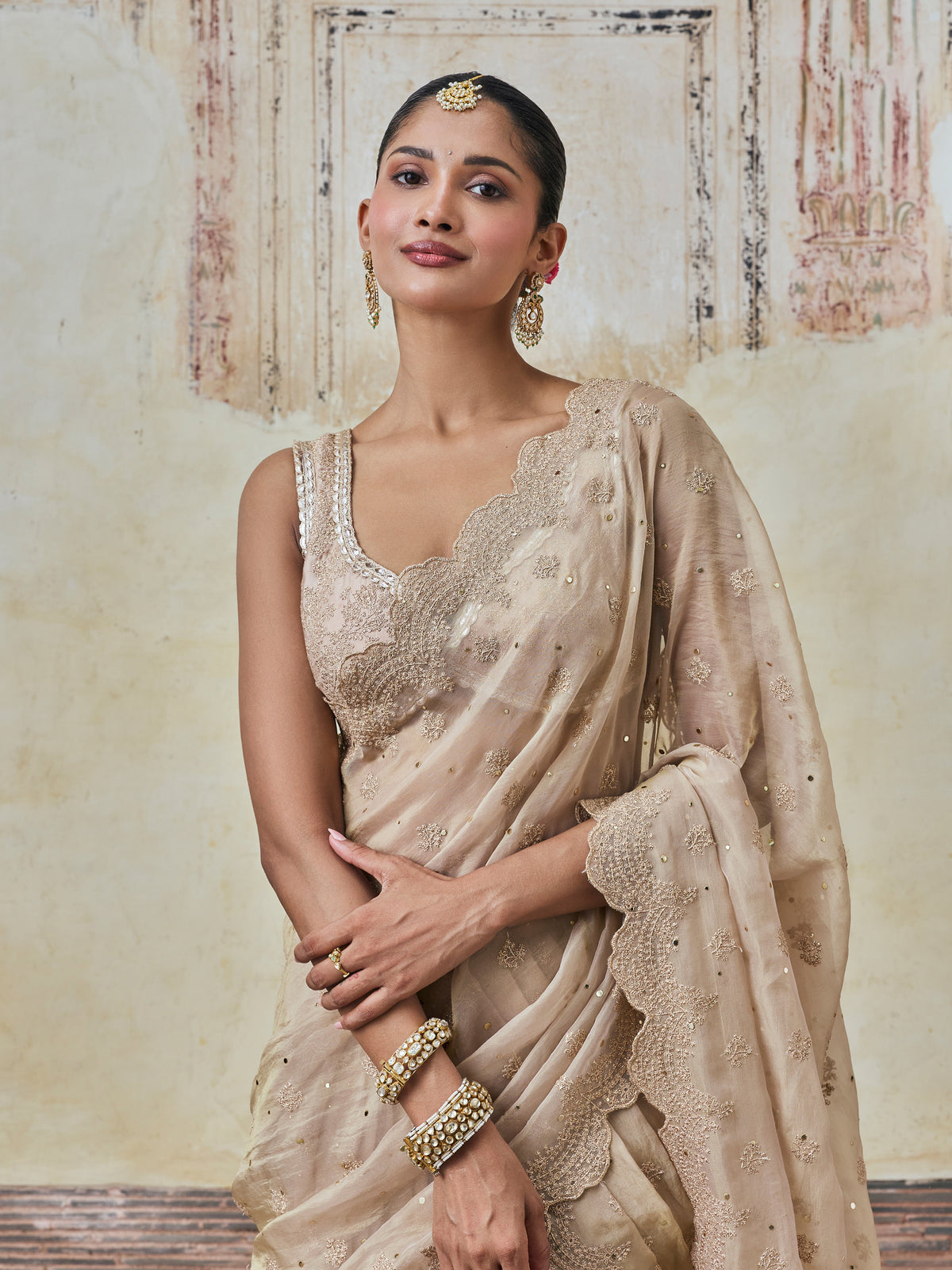 Adiva Lurex Organza Champagne Saree