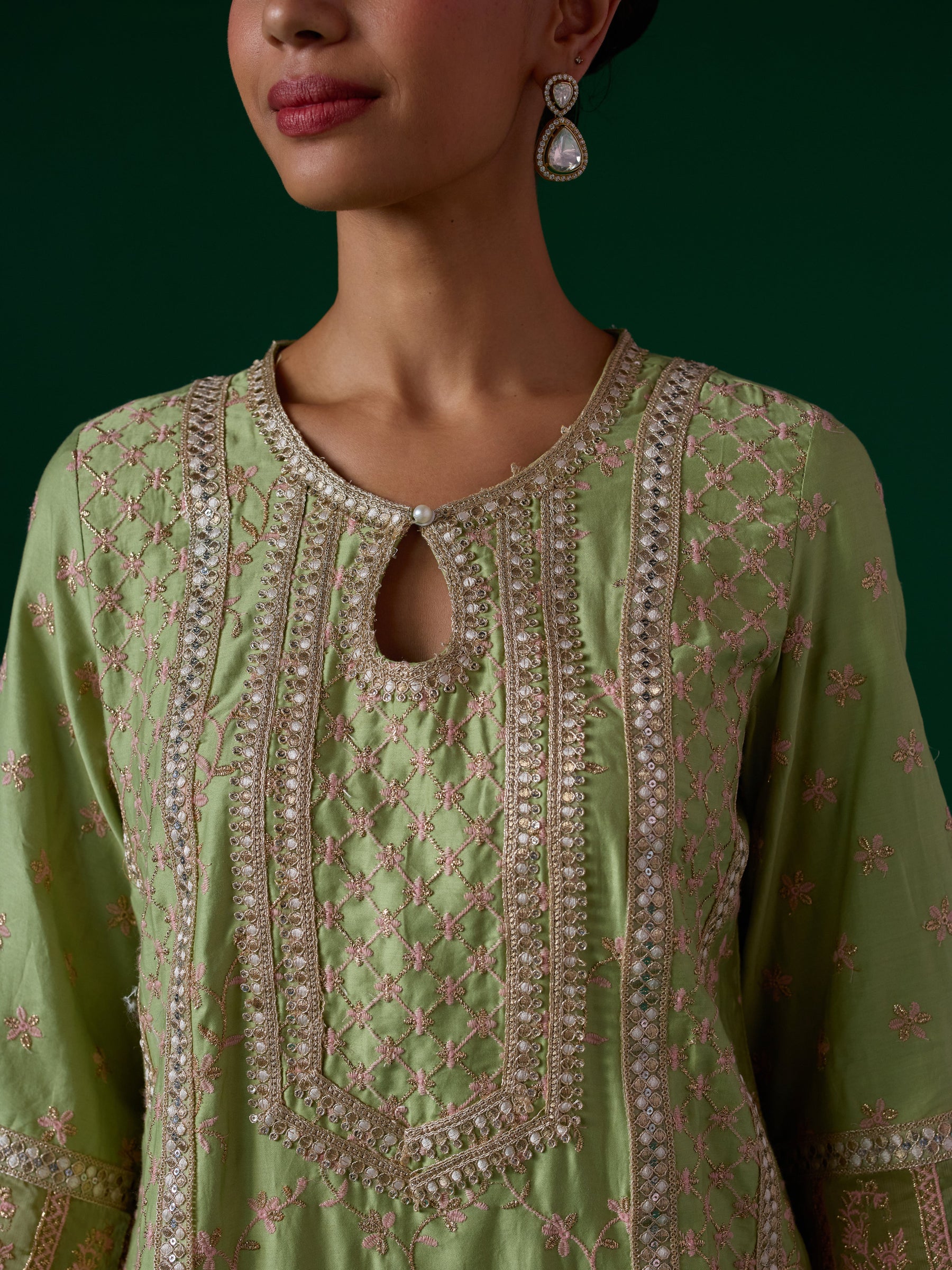 Briti Pima Satin Pista Green Kurta Set