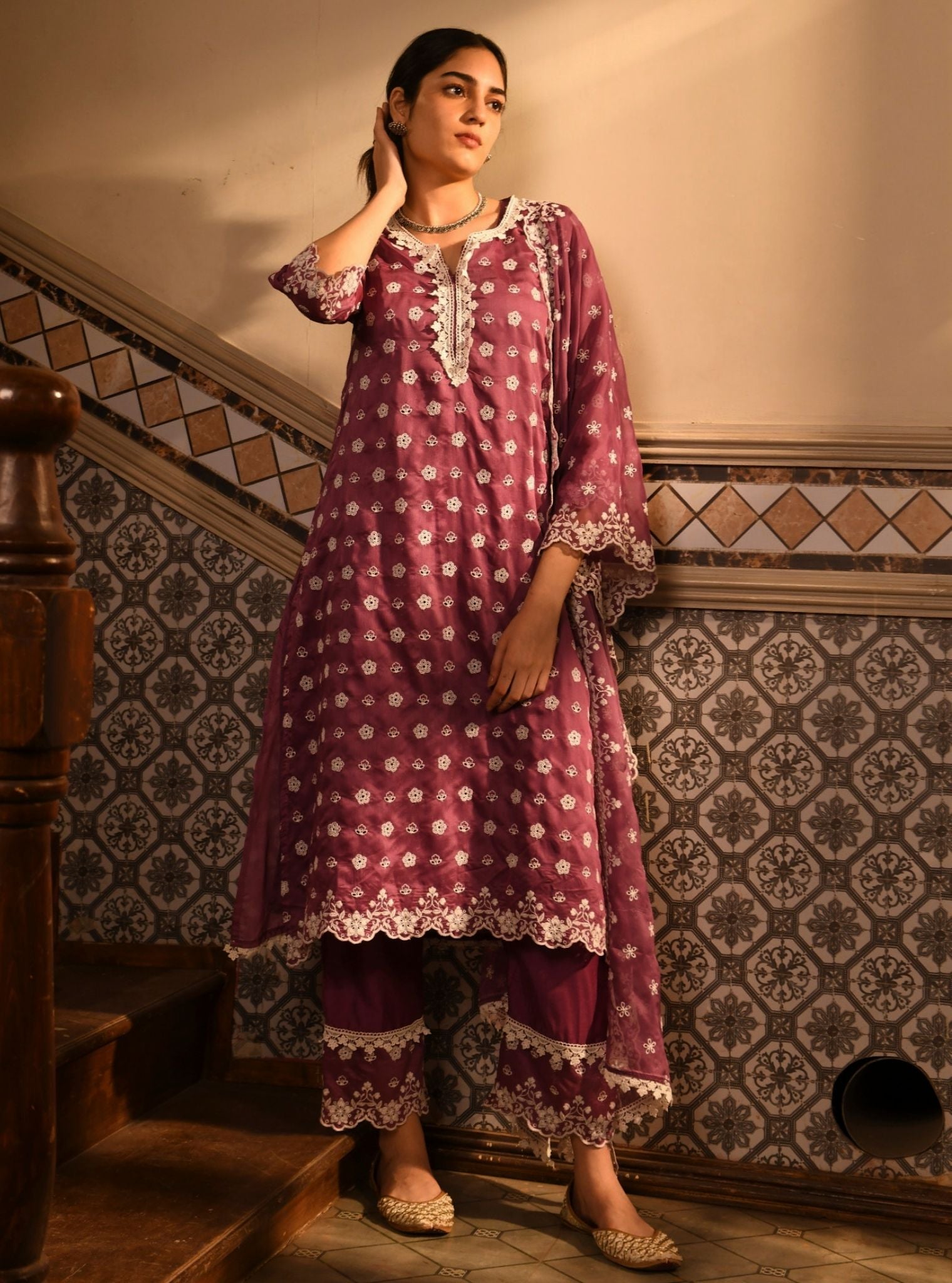 Mulmul Chanderi Miri Lilac Kurta With Mulmul Chanderi Miri Lilac Pant