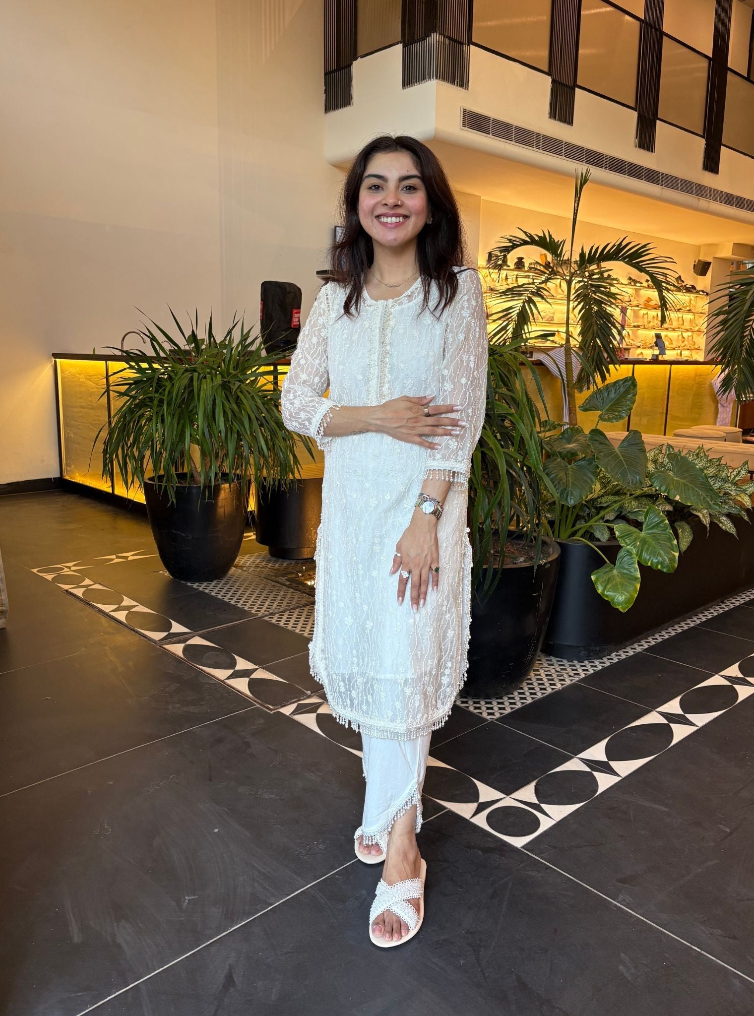 Freya Tencel Luxe Organza White Kurta with Supima Cotton Round Hem White Pant Set