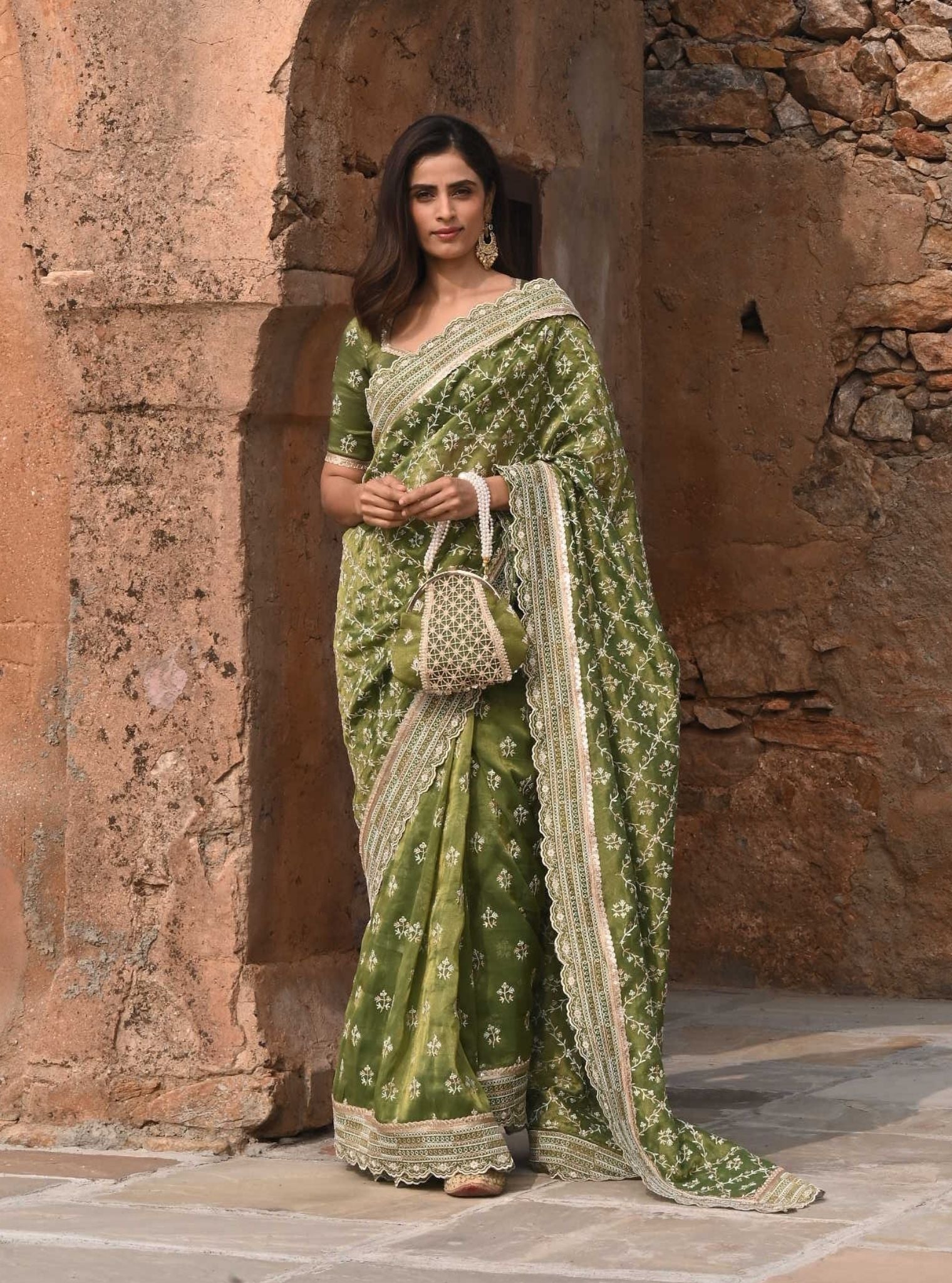 Mehram Luxe Tissue Moss Green Saree