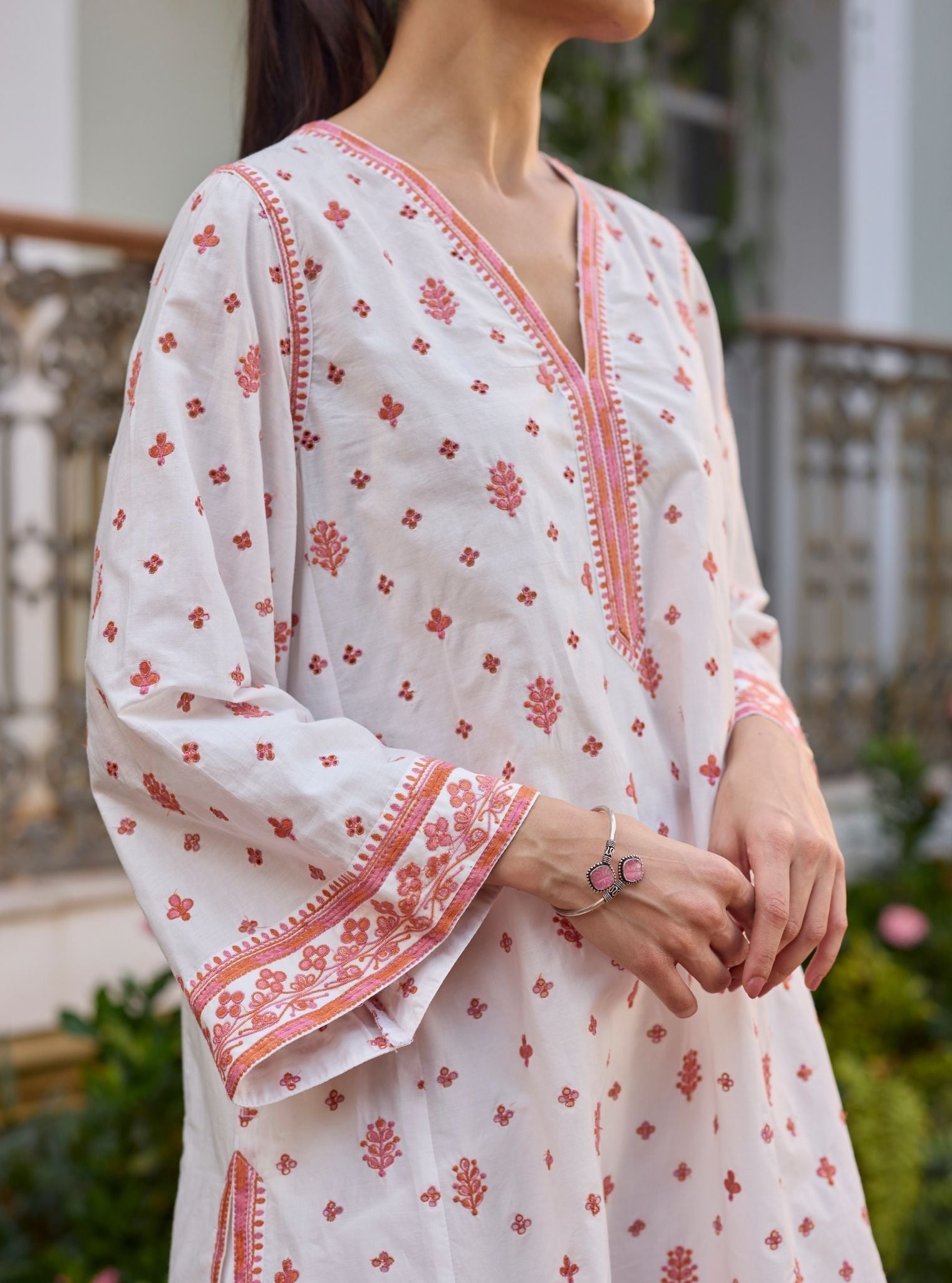 Vysa Supima Cotton White Printed Kurta Set