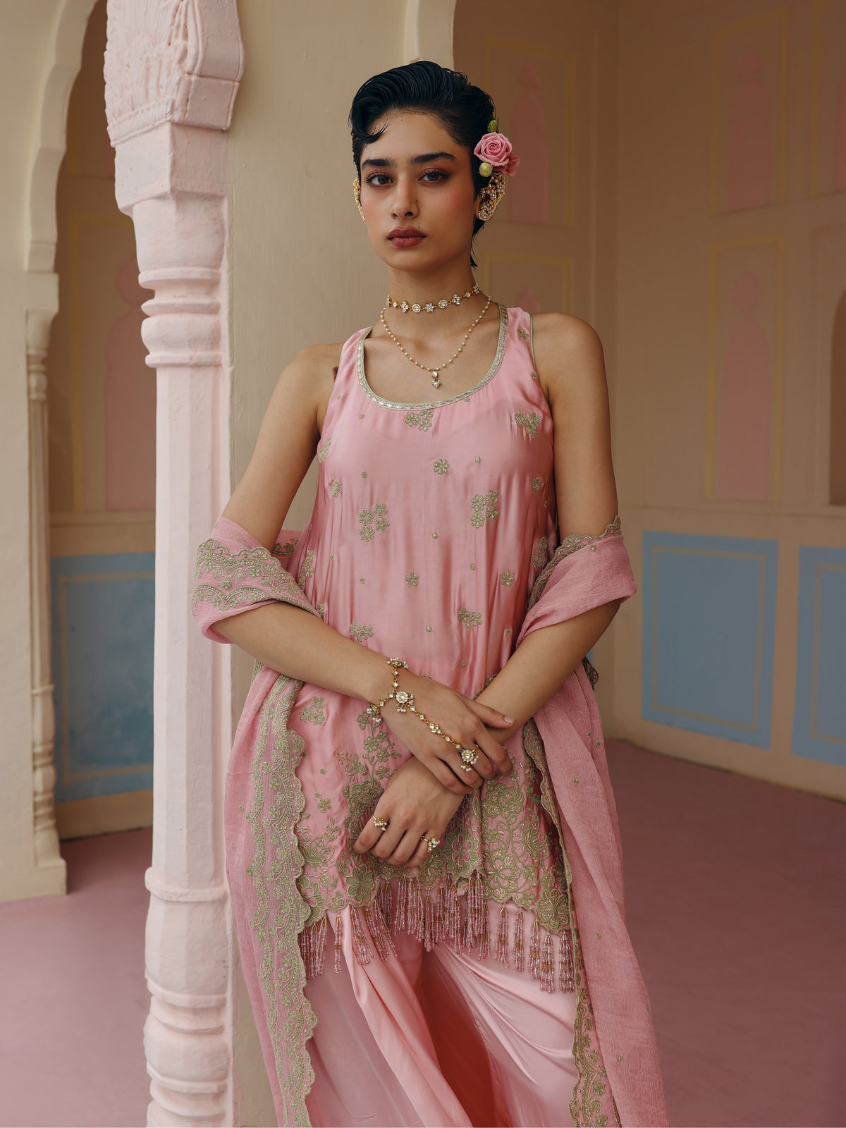 Nemi Cupro Satin Pink Short Kurta with Draped Pants