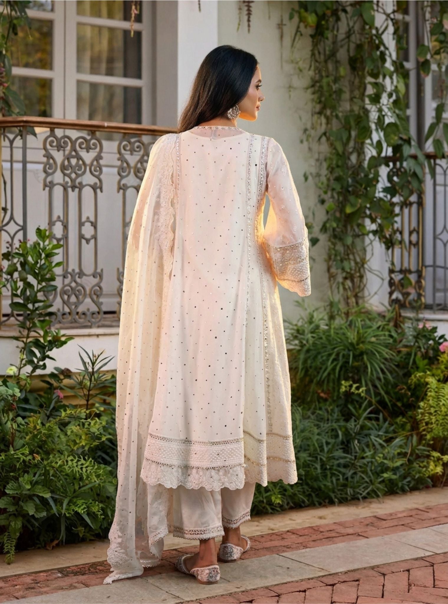 Rupa Organza Off White Anarkali Kurta with Pima Satin Off White Pant Set