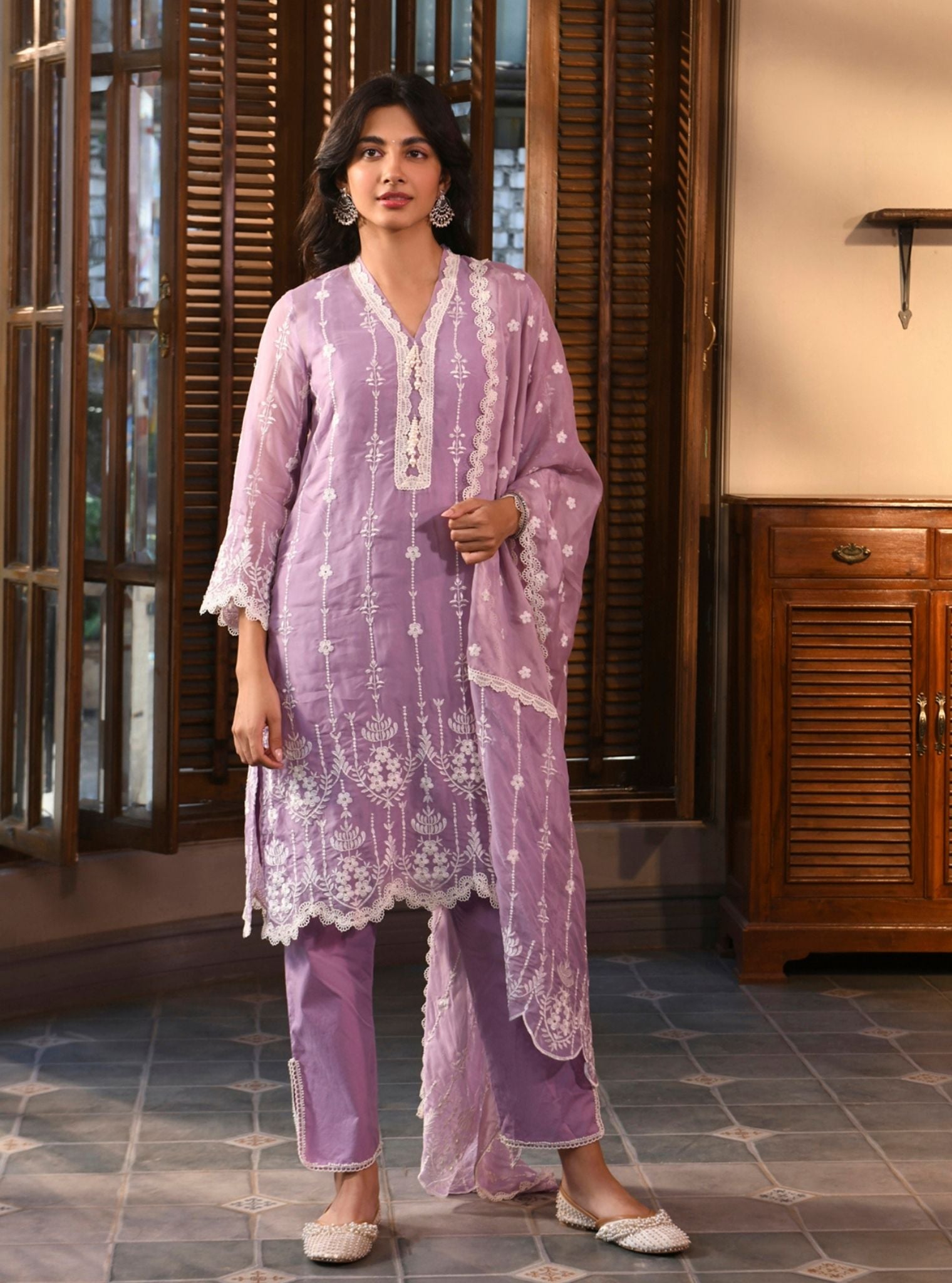 Mulmul Organza Nima Lavender Kurta With Mulmul Cotton Nima Lavender Pant