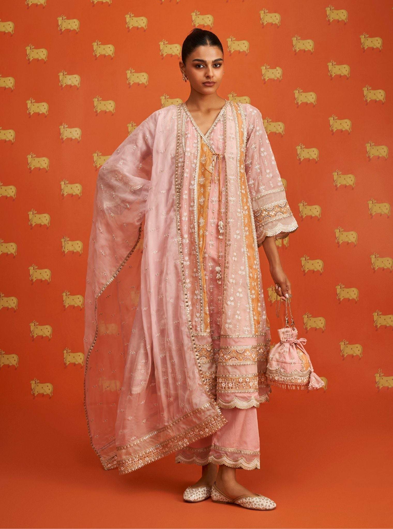 Mulmul Organza Sawika Pink Anarkali Kurta With Mulmul Pima Satin Sawika Pink Pant