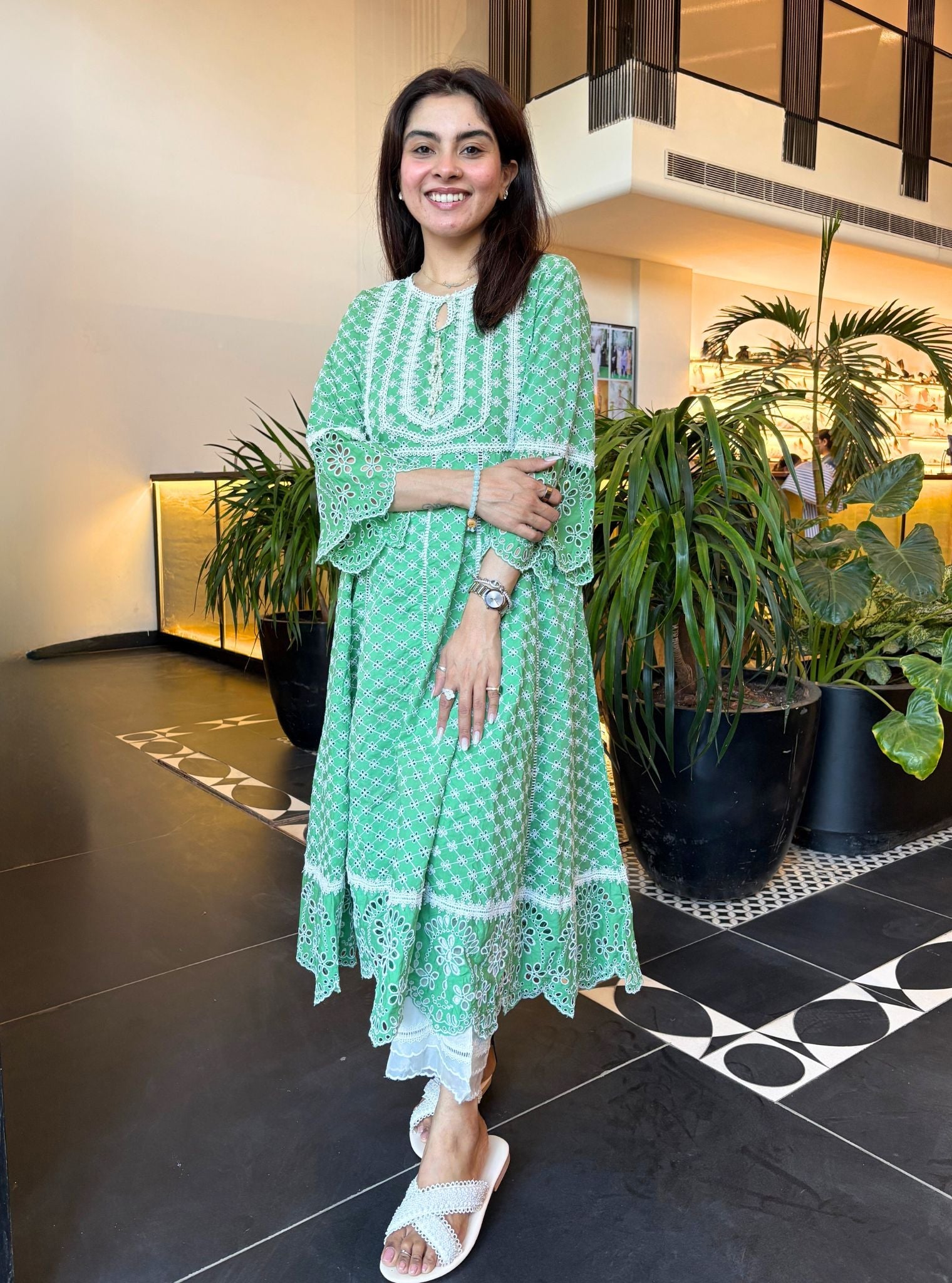 Arris Supima Cotton Anarkali Green Kurta with Saanjh White Pant Set