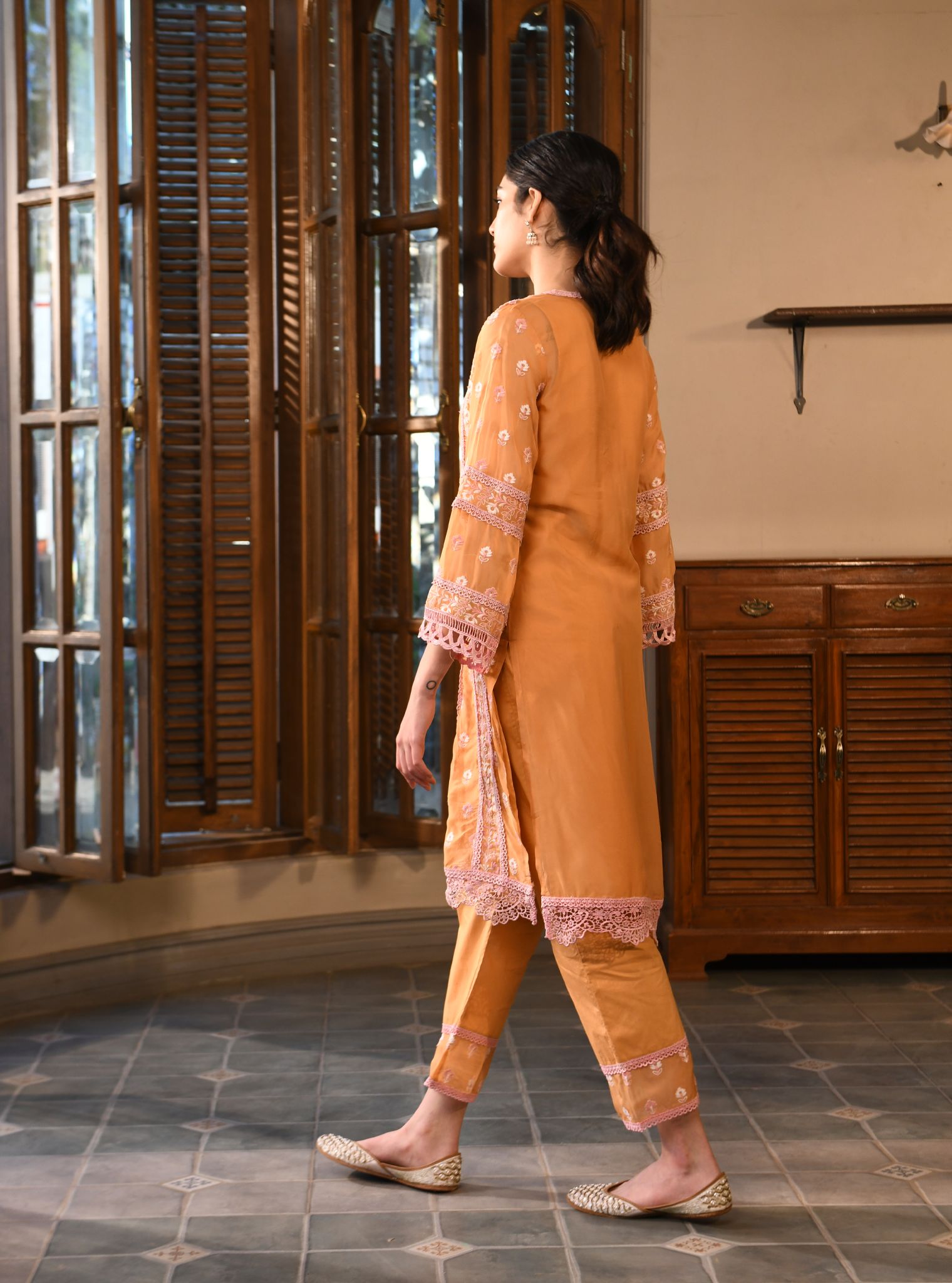 Mulmul Organza Paniz Orange Kurta With Mulmul Cotton Paniz Orange Pant