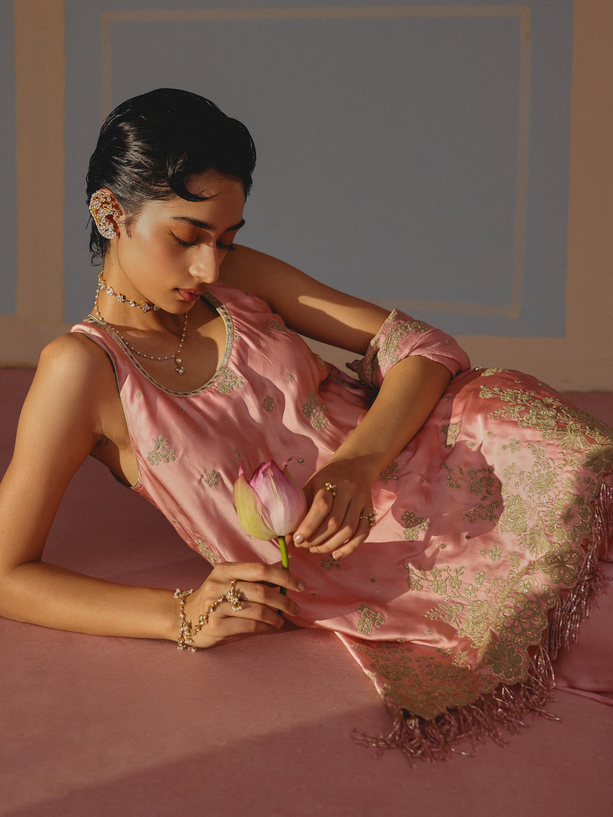 Nemi Cupro Satin Pink Short Kurta with Draped Pants