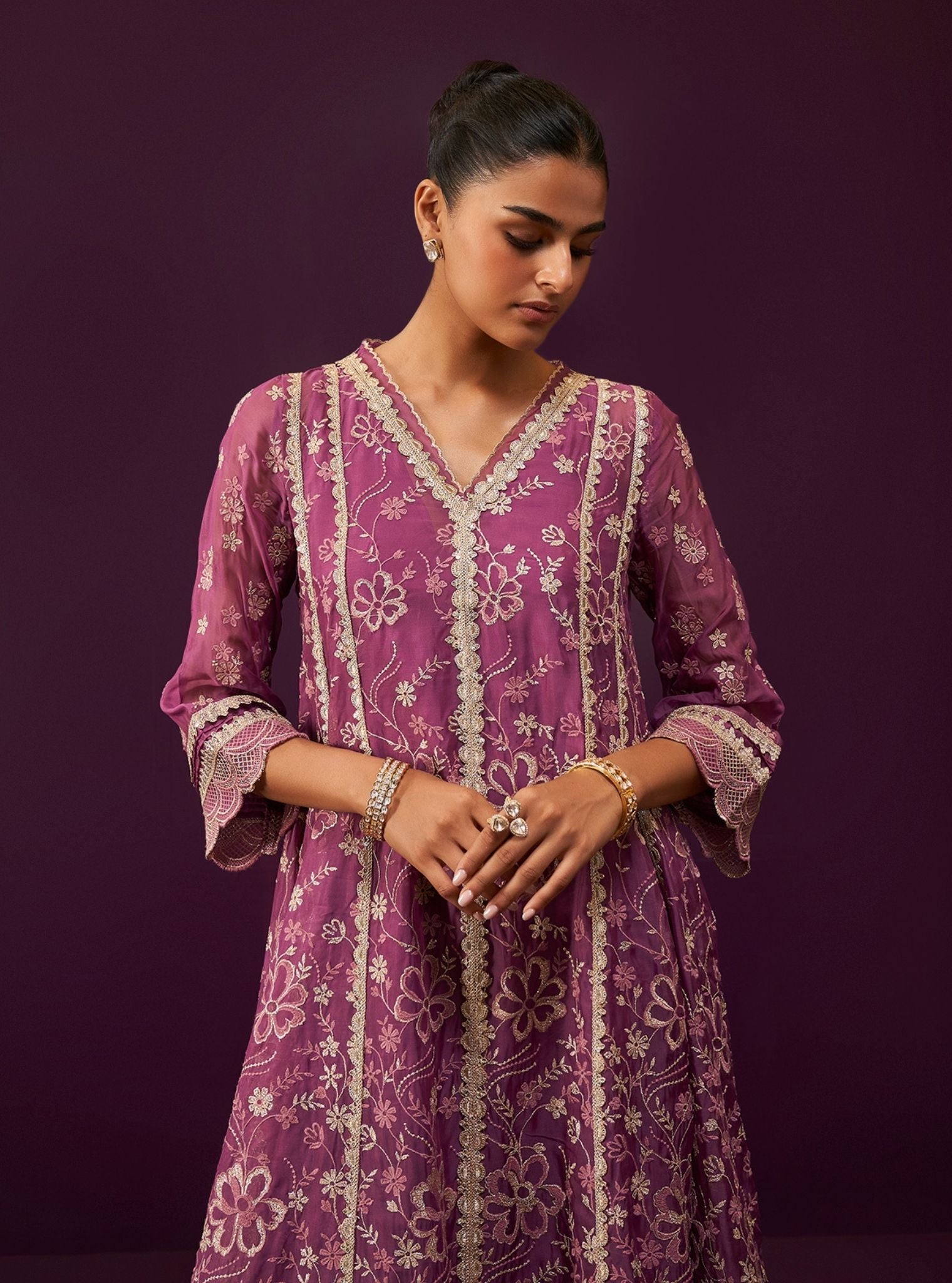 Mulmul Organza Sirikit Grape Anarkali Kurta With Mulmul Pima Satin Sirikit Grape Pant