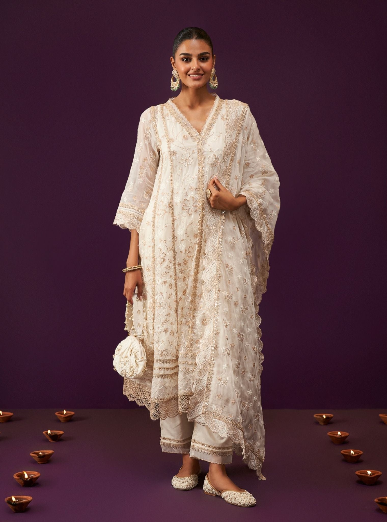 Mulmul Organza Sirikit Off White Anarkali Kurta With Mulmul Pima Satin Sirikit Off White Pant