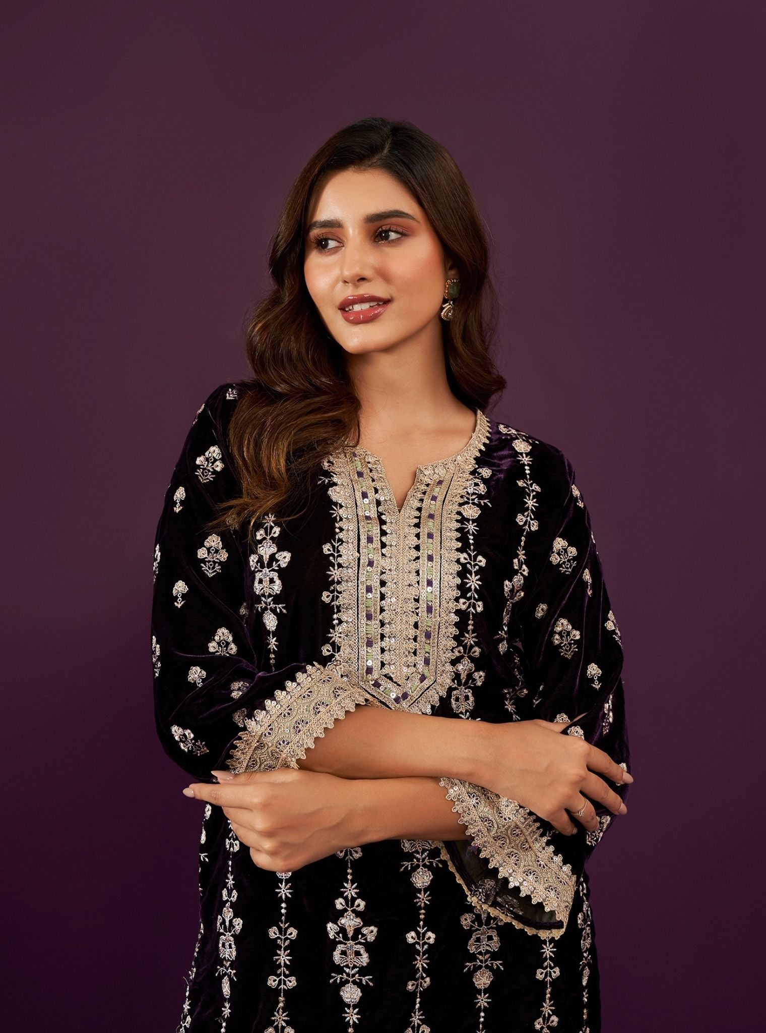 Mulmul Velvet Sade Purple Kurta With Mulmul Velvet Sade Purple Pant