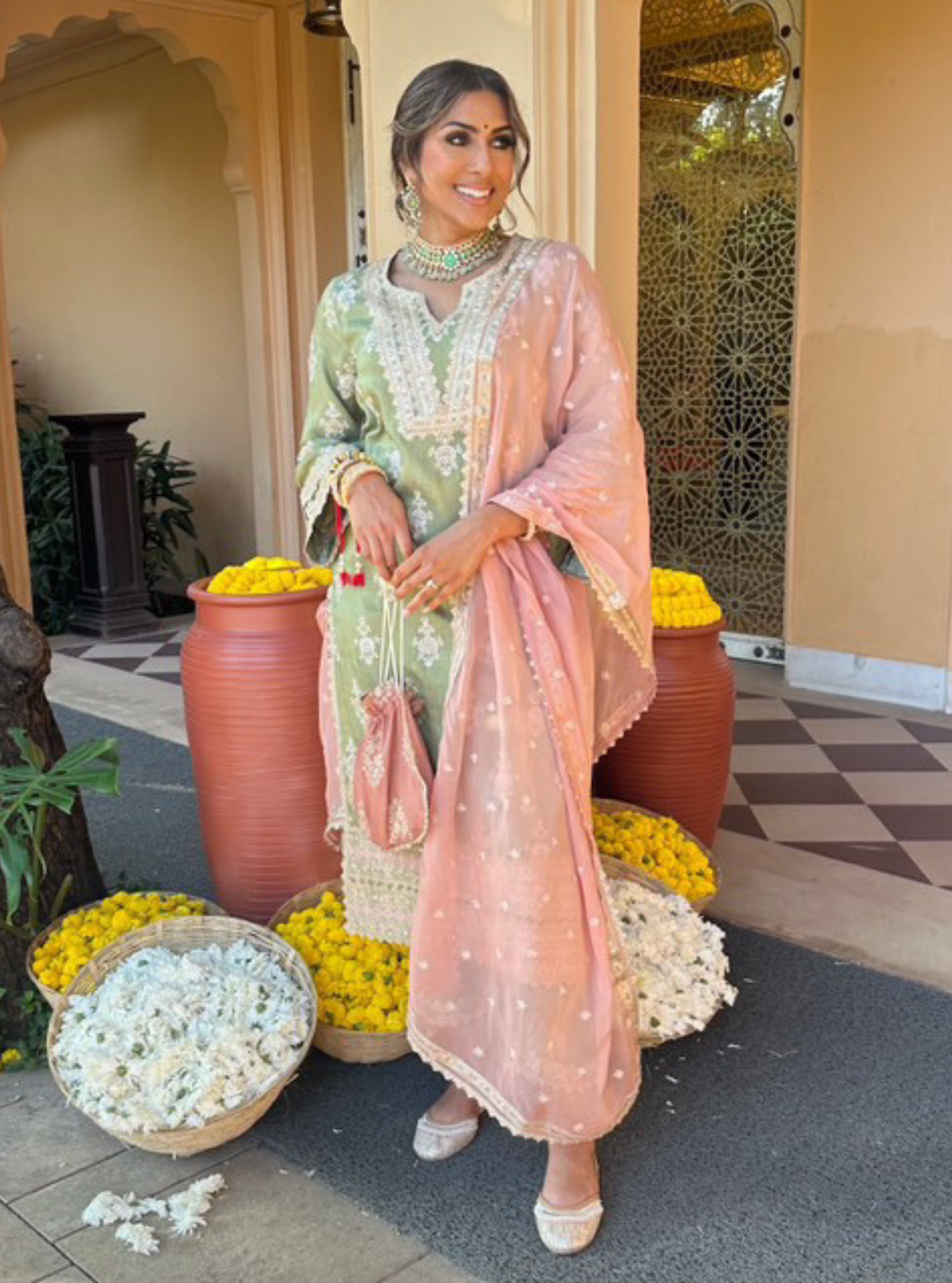 Mitthi Luxe Tissue Sage Green Kurta Set