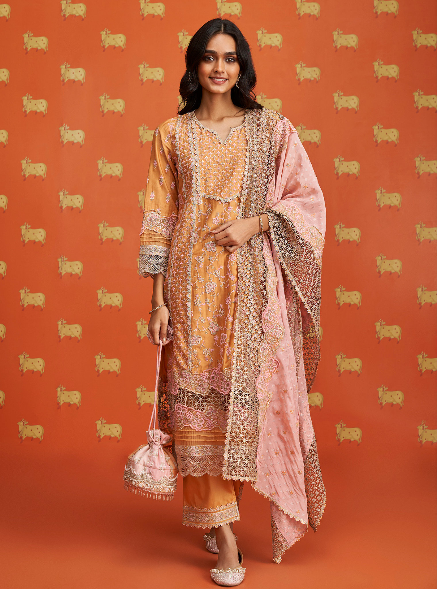 Mulmul Pima Satin Anchali Orange Kurta With Mulmul Pima Satin Anchali Orange Pant