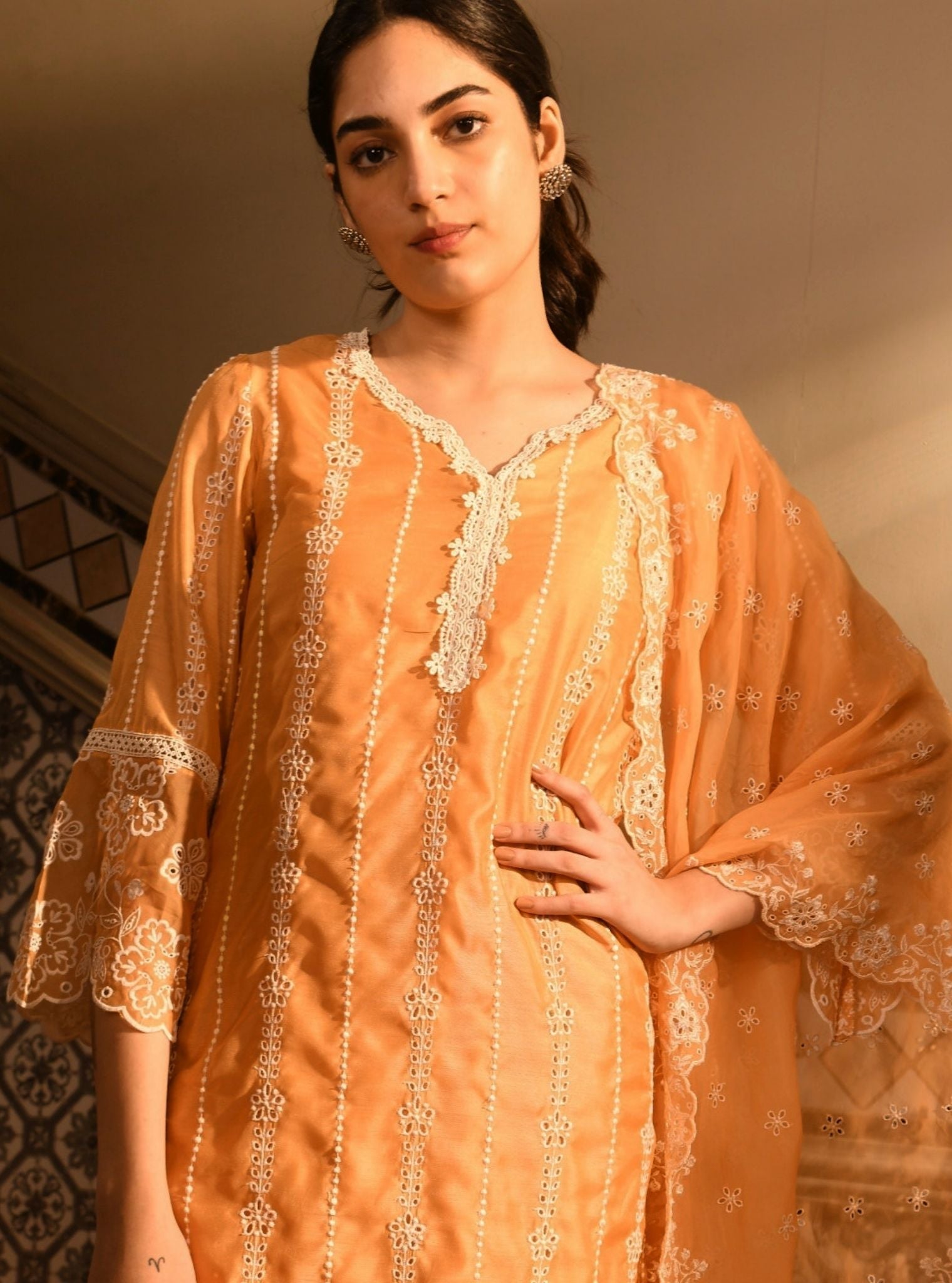 Mulmul Chanderi Reef Orange Kurta With Mulmul Cotton Reef Orange Pant