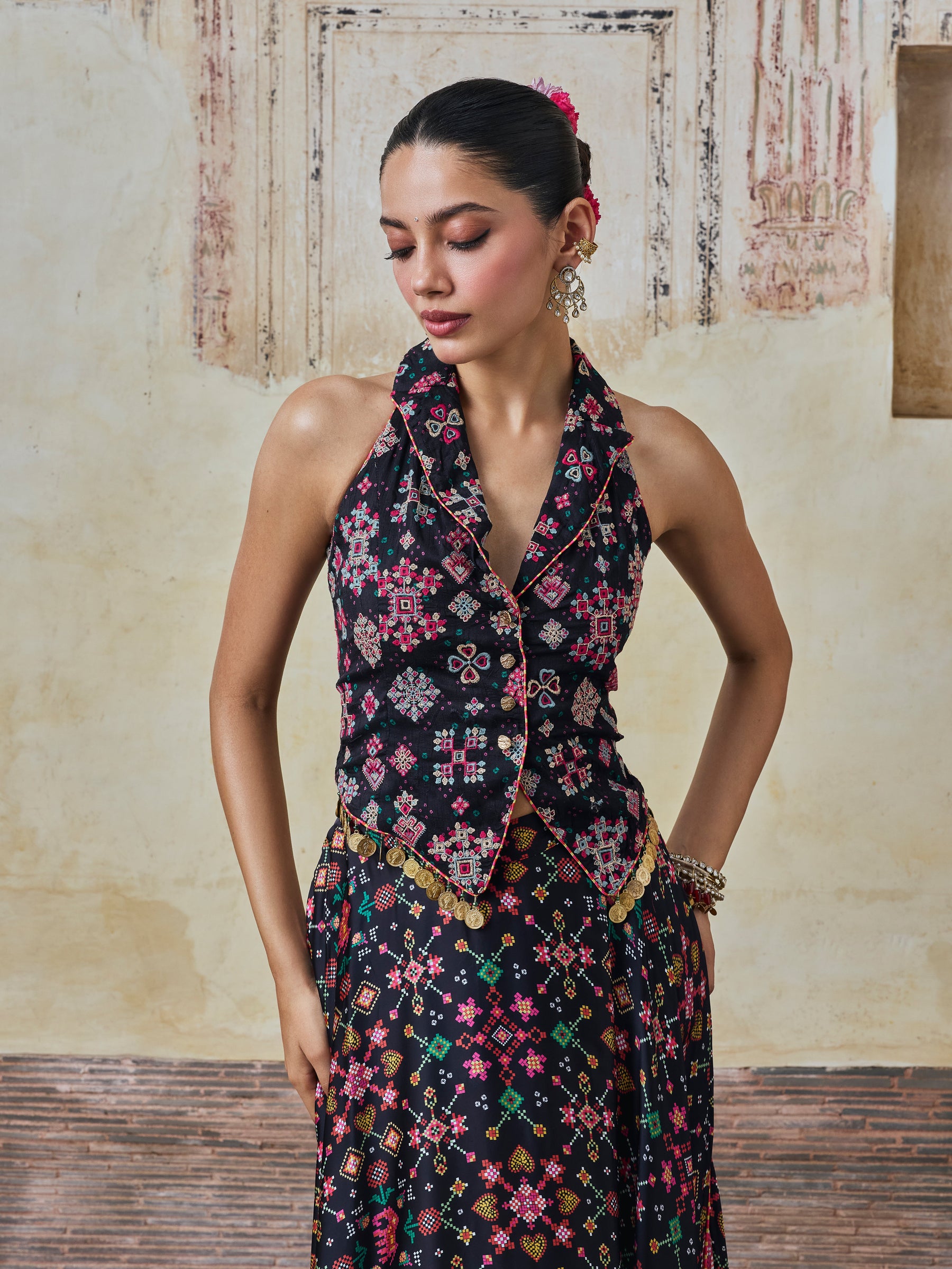 Sarangni Bemberg Raw Silk Printed Black Waistcoat & Skirt Set
