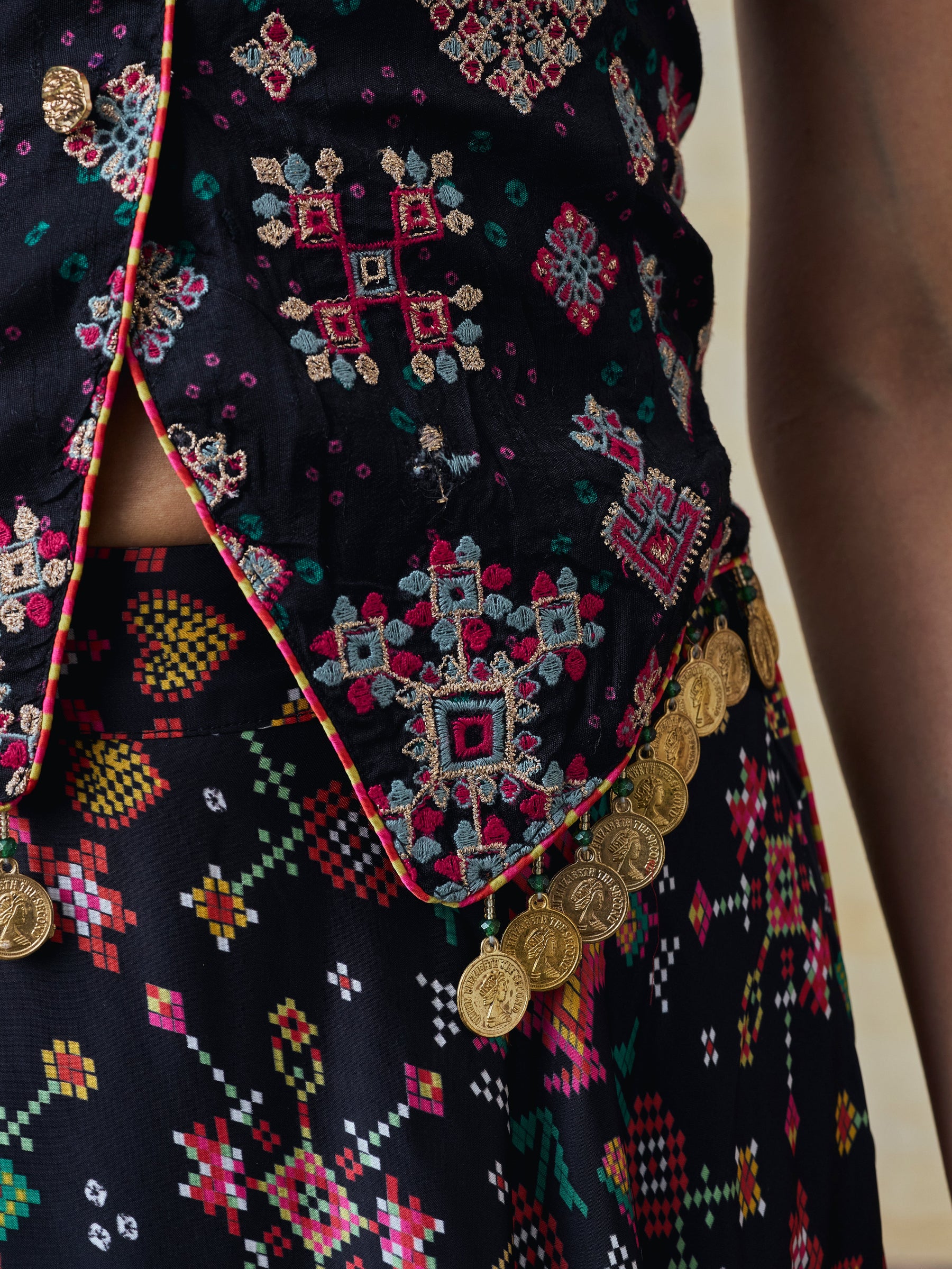 Sarangni Bemberg Raw Silk Printed Black Waistcoat & Skirt Set